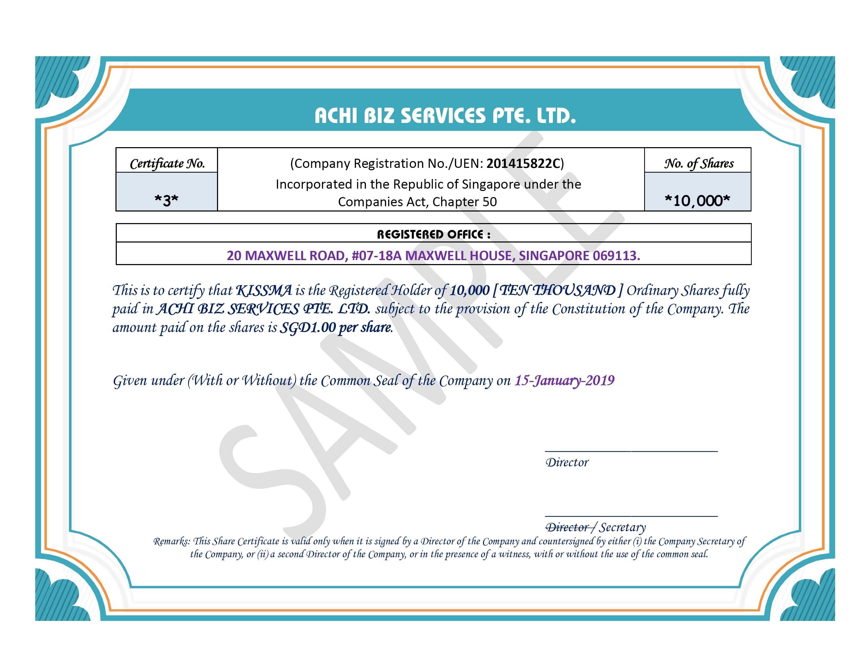 Share Certificate In Singapore ~ Achibiz Inside Share Certificate Template Companies House