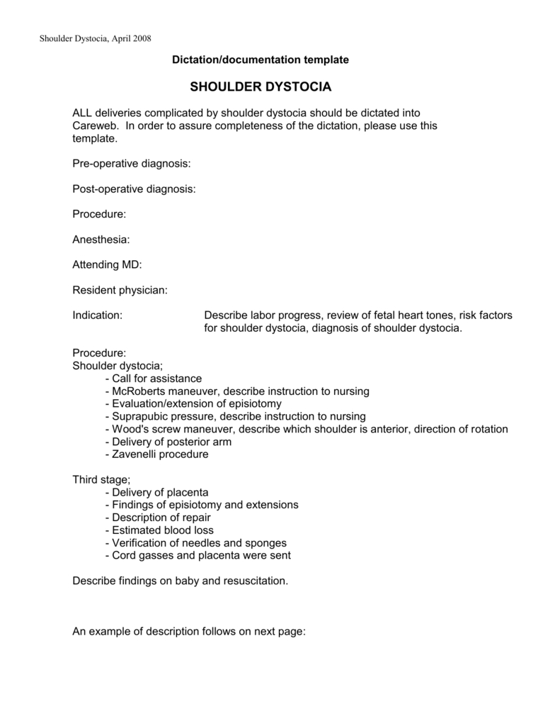 Shoulder Dystocia Dictation Template Pertaining To Operative Report Template