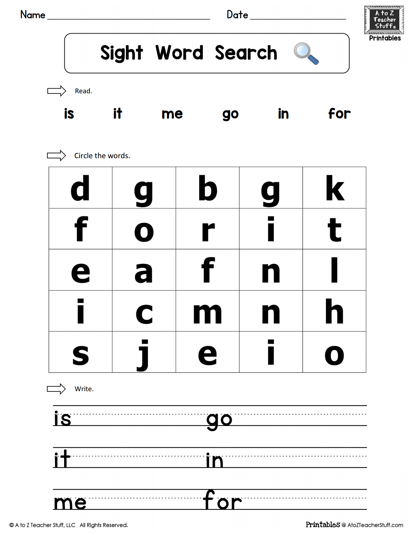 Sight Words Practice Word Search: Is, It, Me, Go, In, For Regarding Blank Word Search Template Free