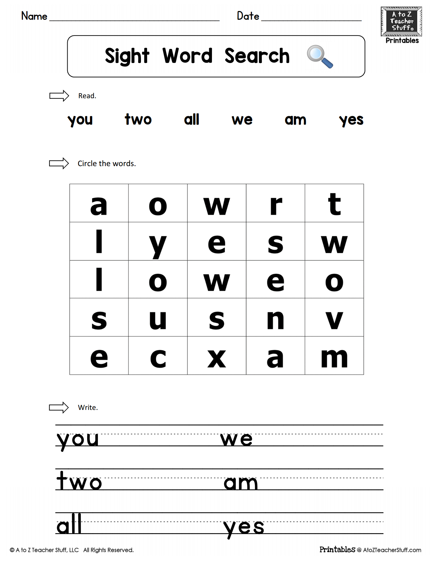 Sight Words Practice Word Search: You, Two, We, All, Am, Yes For Blank Word Search Template Free