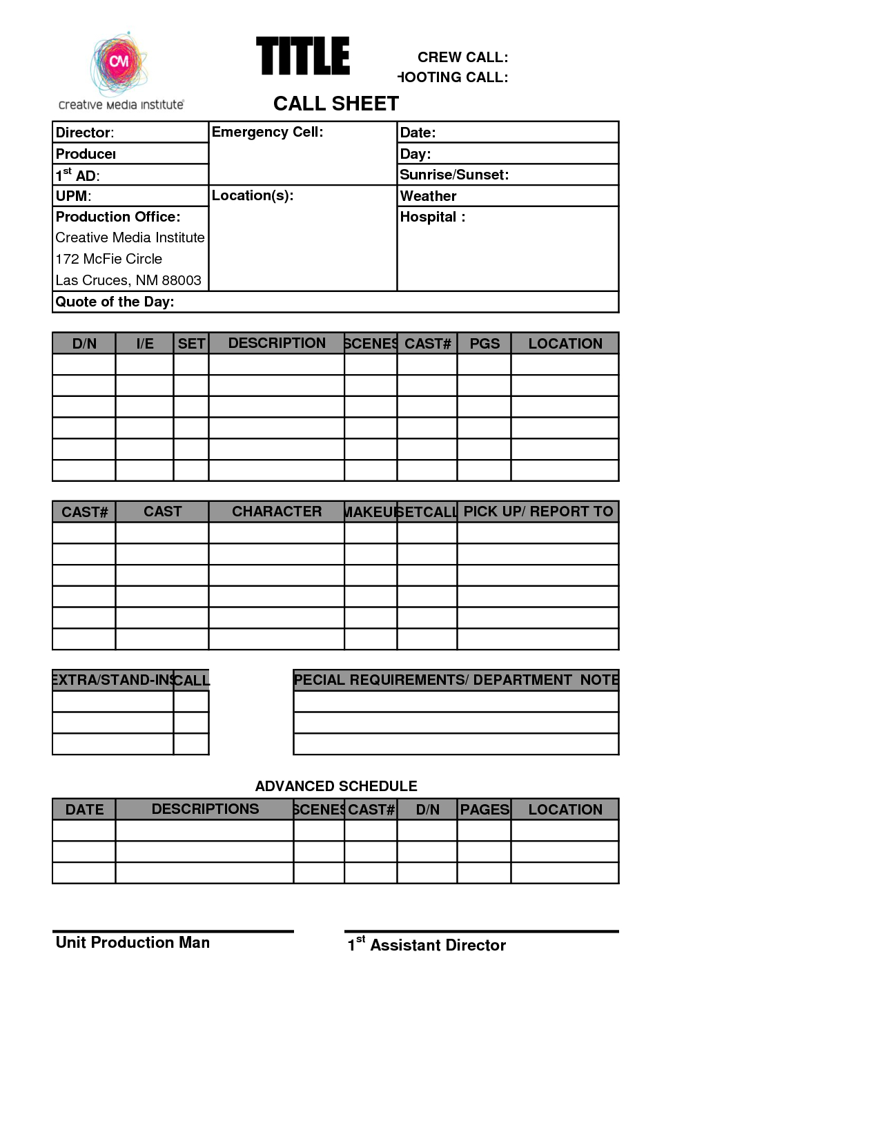 Simple And Easy To Use Call Sheet Template Sample : Venocor Inside Blank Call Sheet Template