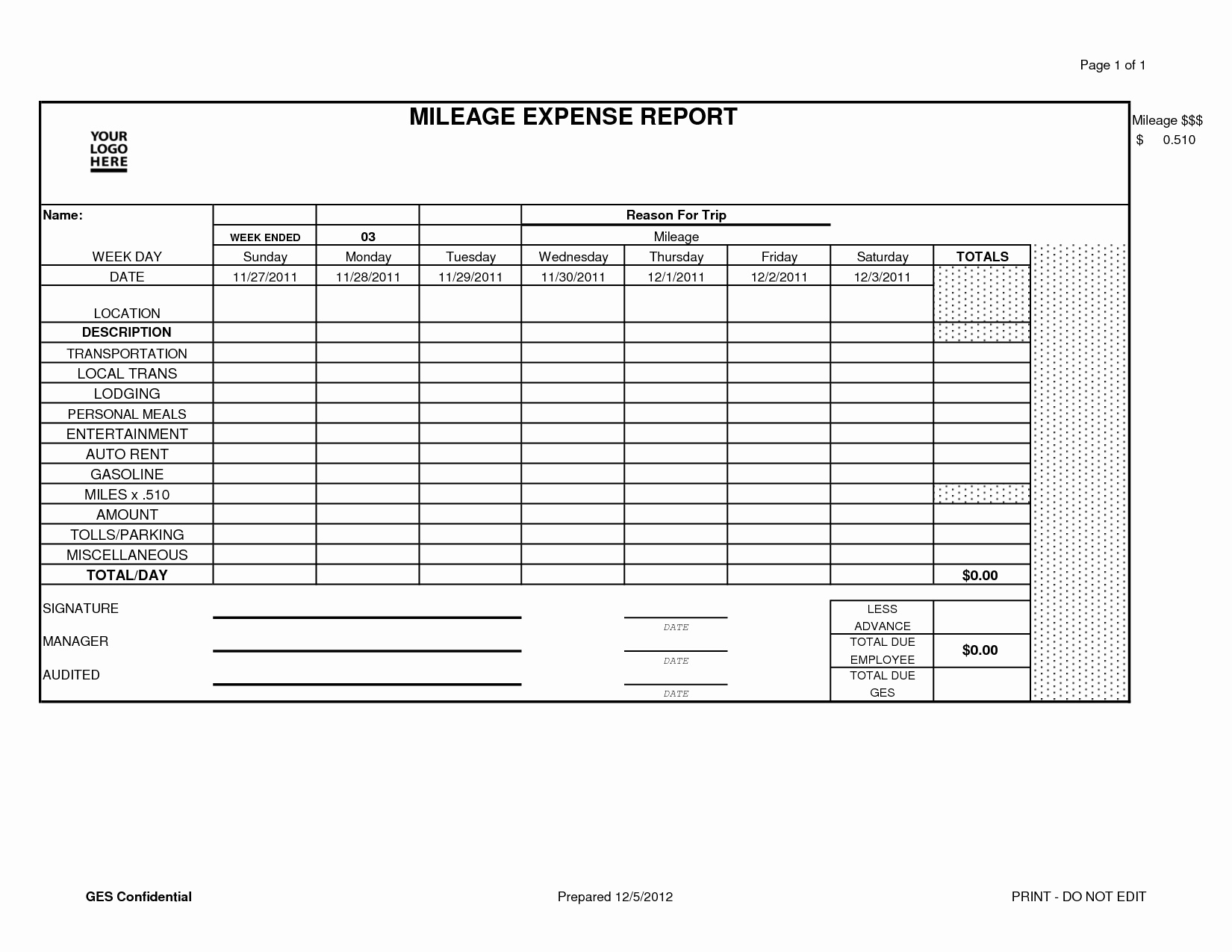 Expense Report With Mileage Template