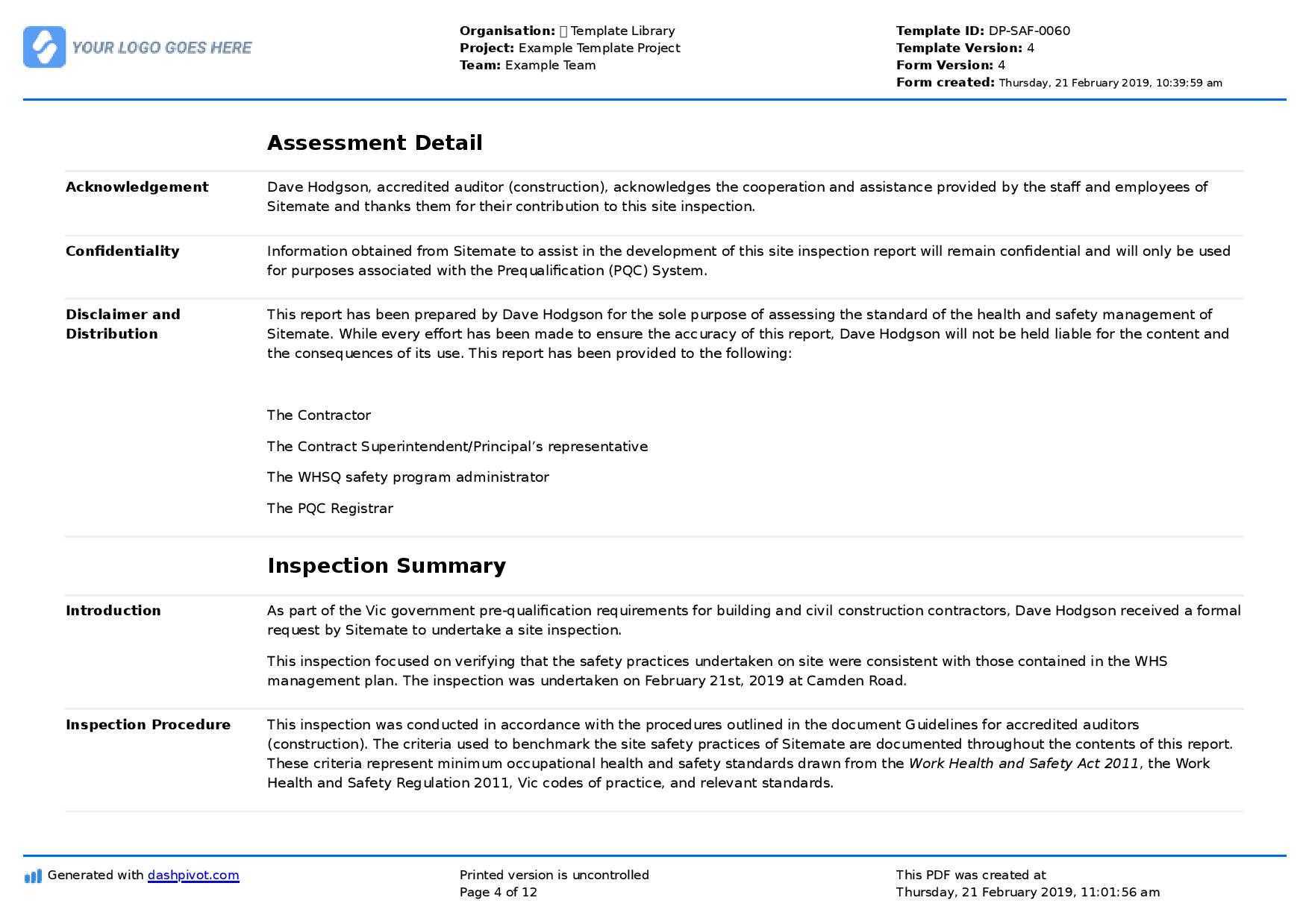 Site Inspection Report: Free Template, Sample And A Proven Throughout Report Requirements Template