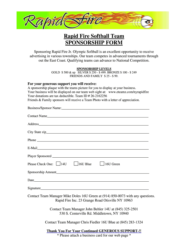 Softball Sponsorship Form Fill Online, Printable, Fillable in Blank