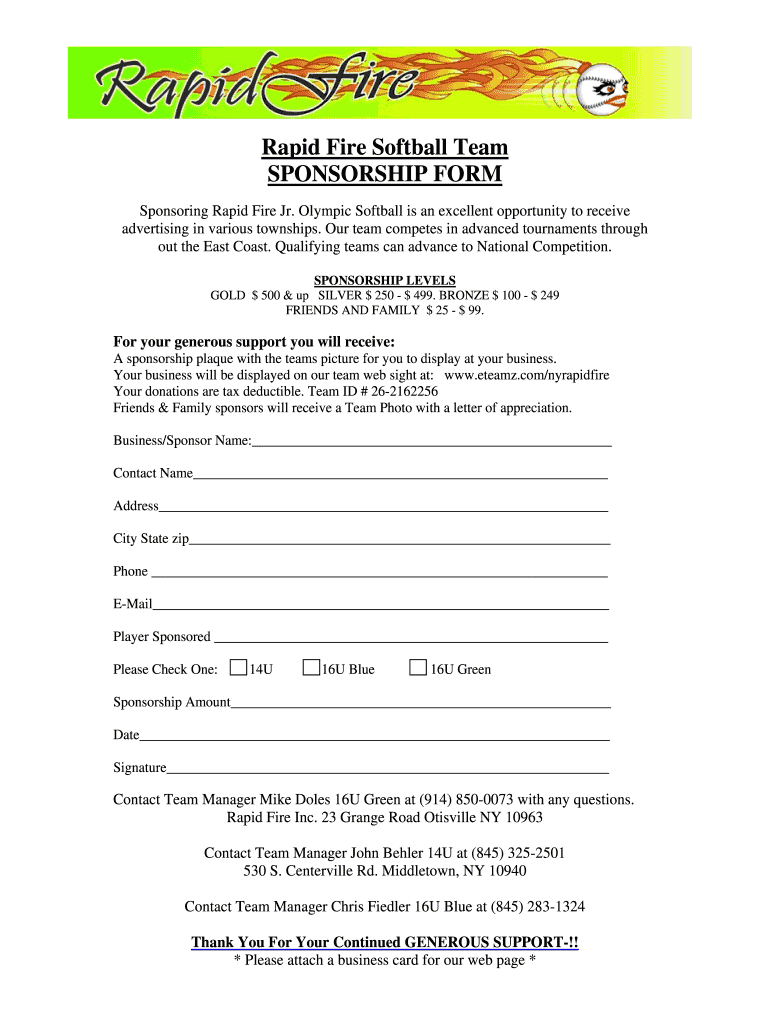 Softball Sponsorship Form – Fill Online, Printable, Fillable In Blank Sponsor Form Template Free