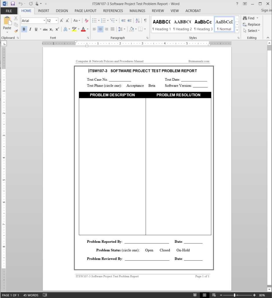 Software Project Test Problem Report Template | Itsw107 3 Regarding Test Result Report Template