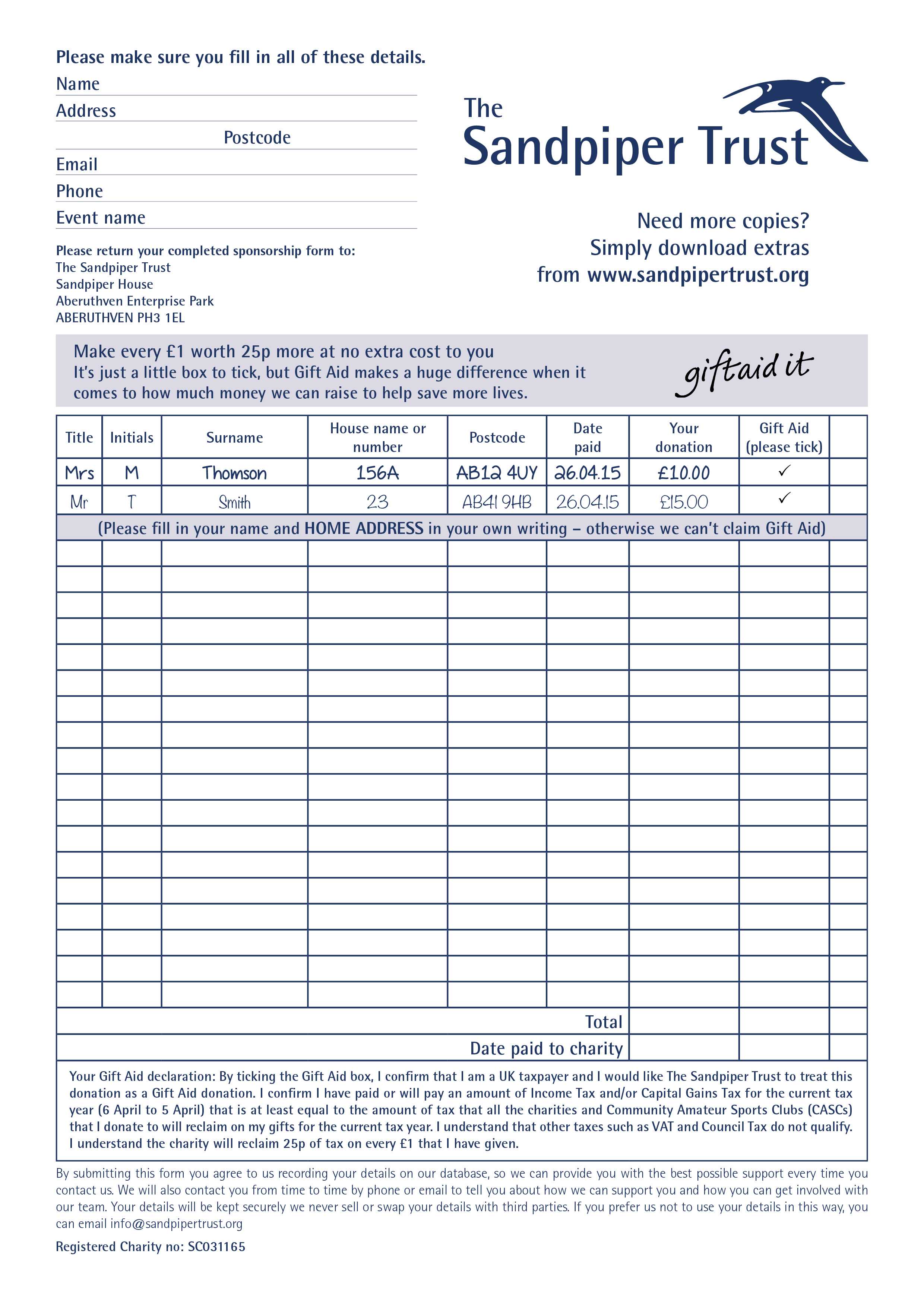 Sponsor Forms – The Sandpiper Trust Regarding Sponsor Card Template