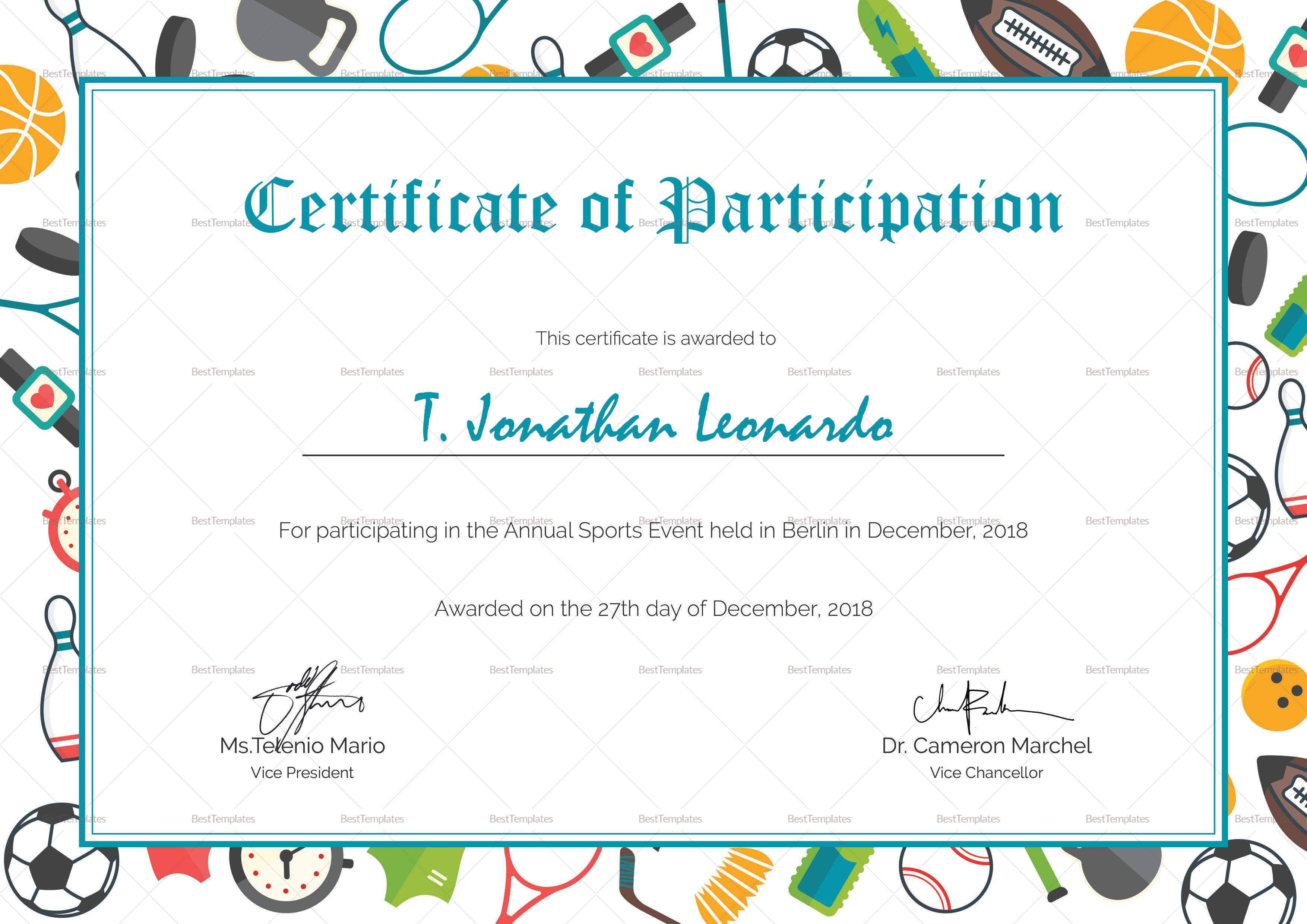Sports Participation Certificate Template Within Sports Day Certificate Templates Free