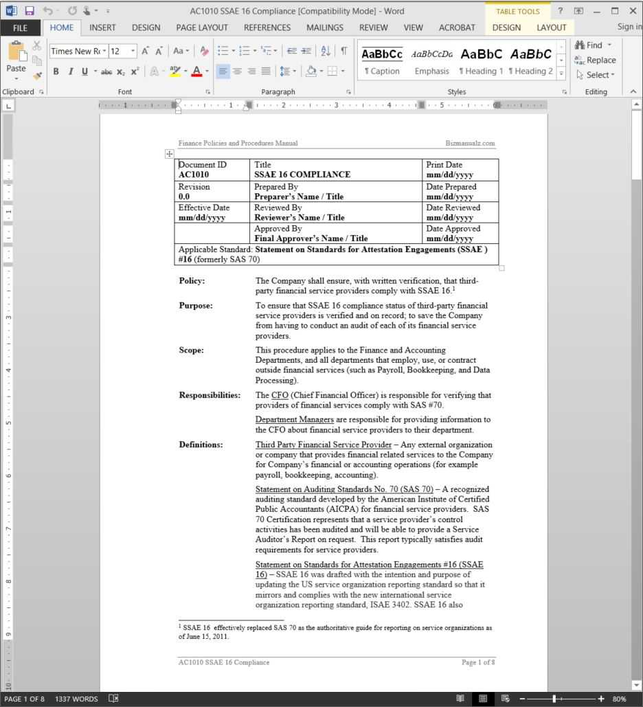 Ssae 16 Compliance Procedure | Ac1010 Within Ssae 16 Report Template