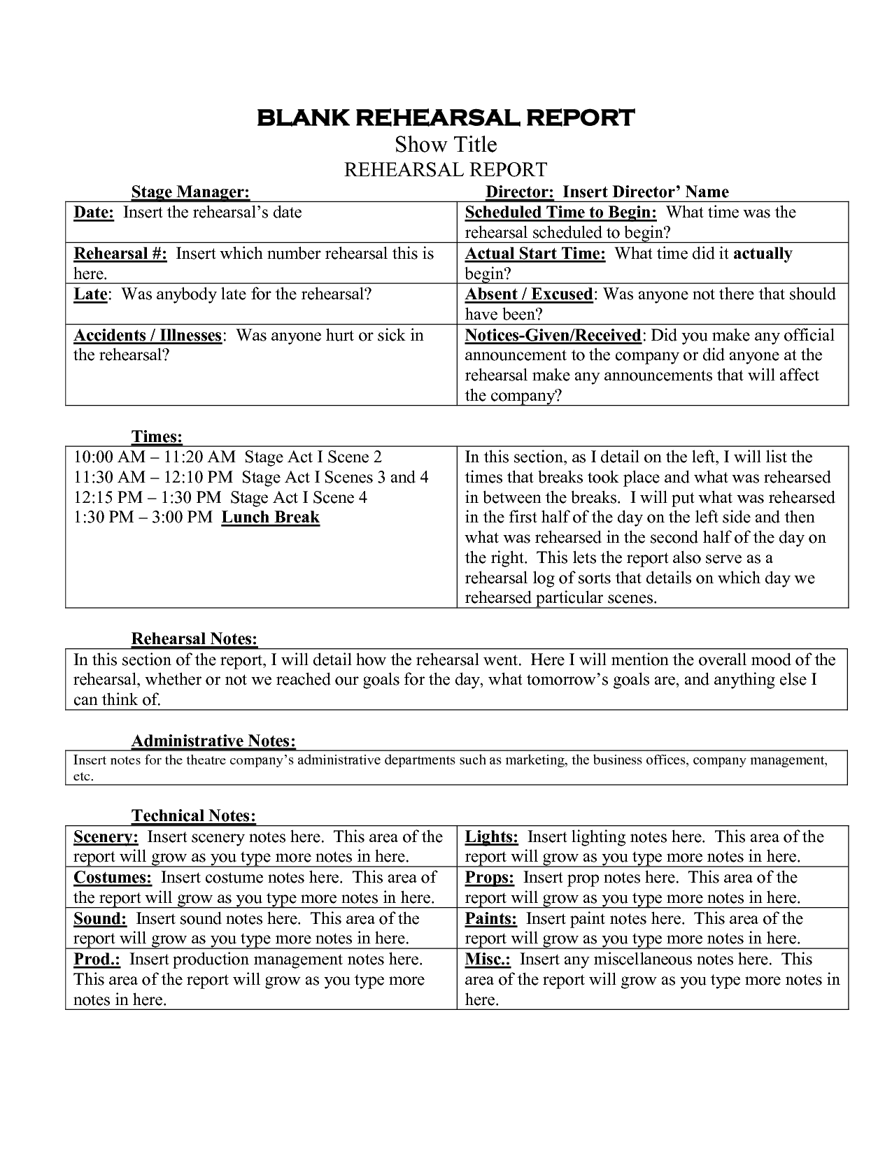 Stage Manager Rehearsal Report – Google Search | Stage Regarding Rehearsal Report Template