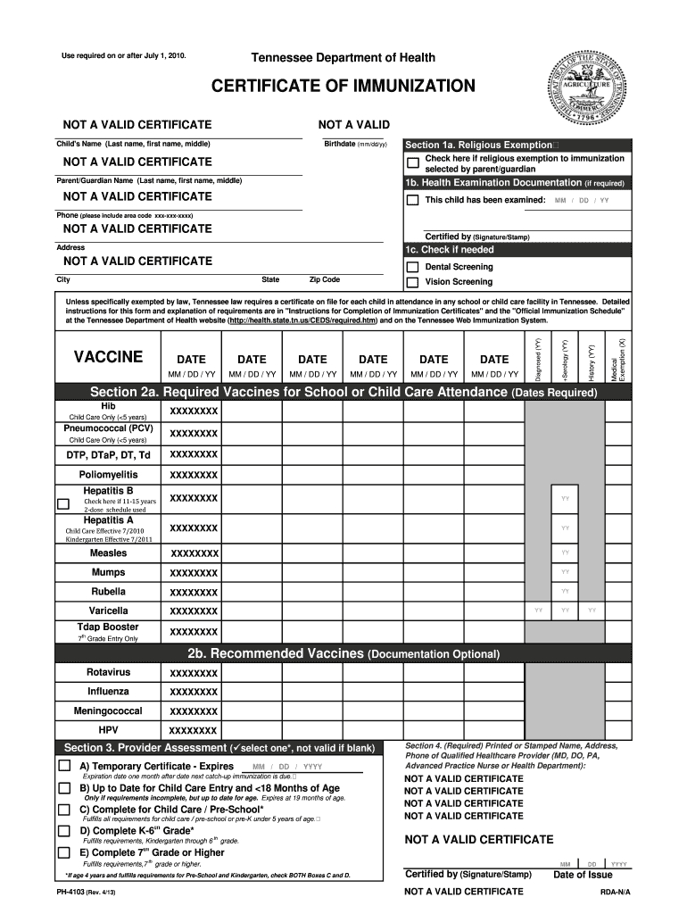 State Of Tennessee Immunization Form – Fill Online Intended For Certificate Of Vaccination Template