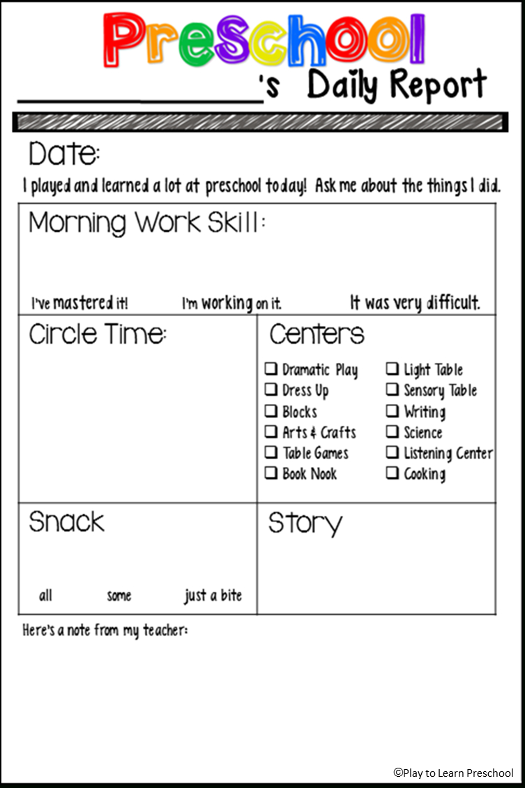 Students' Stuff | Preschool Fun | Preschool Daily Report With Preschool Weekly Report Template