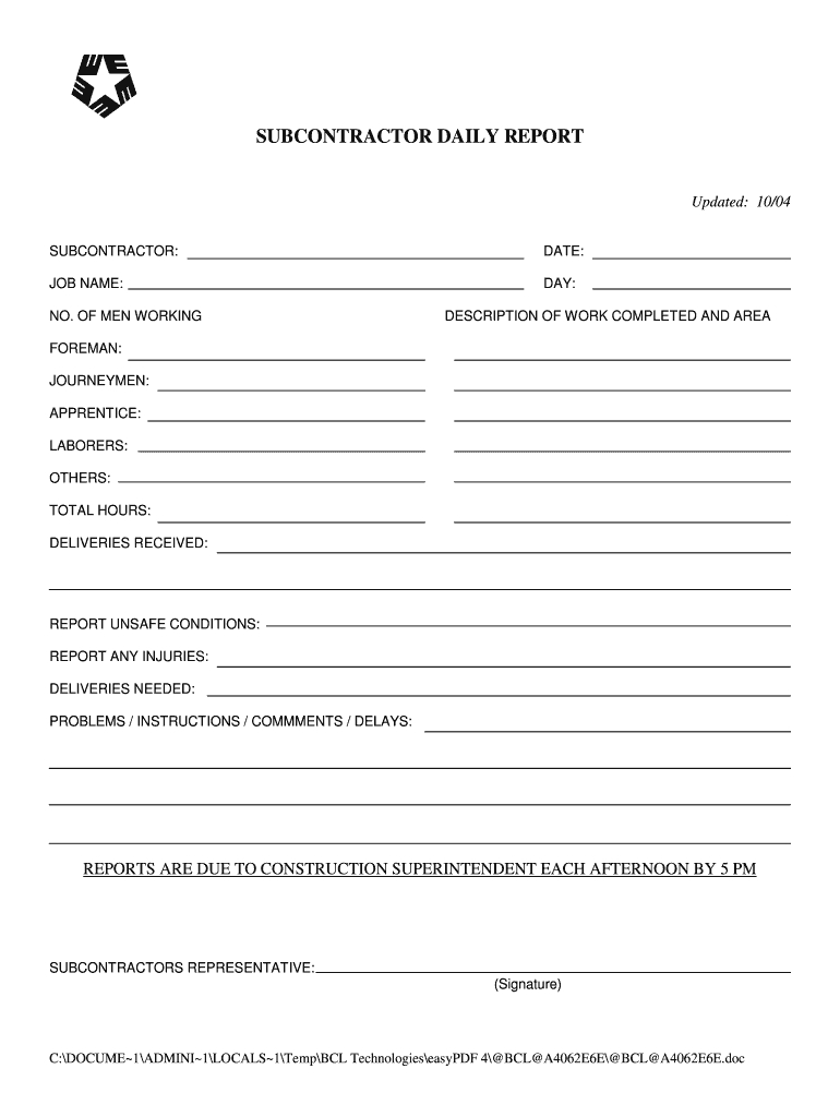 Subcontractor Daily Report – Fill Online, Printable Inside Superintendent Daily Report Template