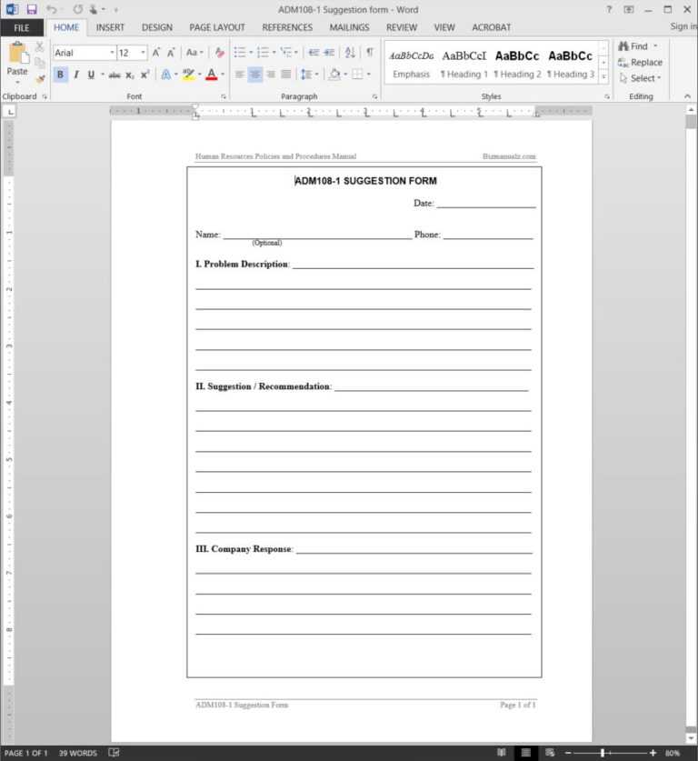 Suggestion Form Template Adm108 1 regarding Word Employee Suggestion