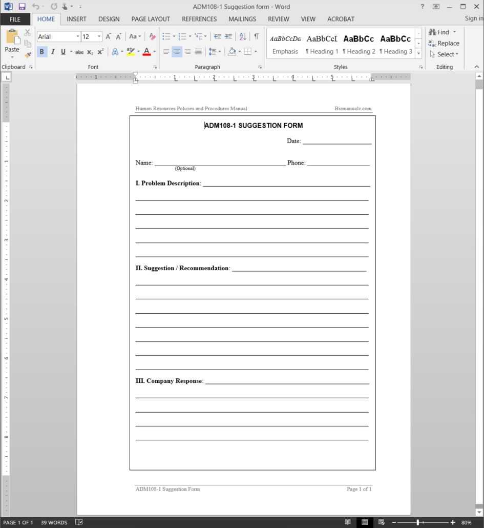 Suggestion Form Template | Adm108 1 Regarding Word Employee Suggestion Form Template