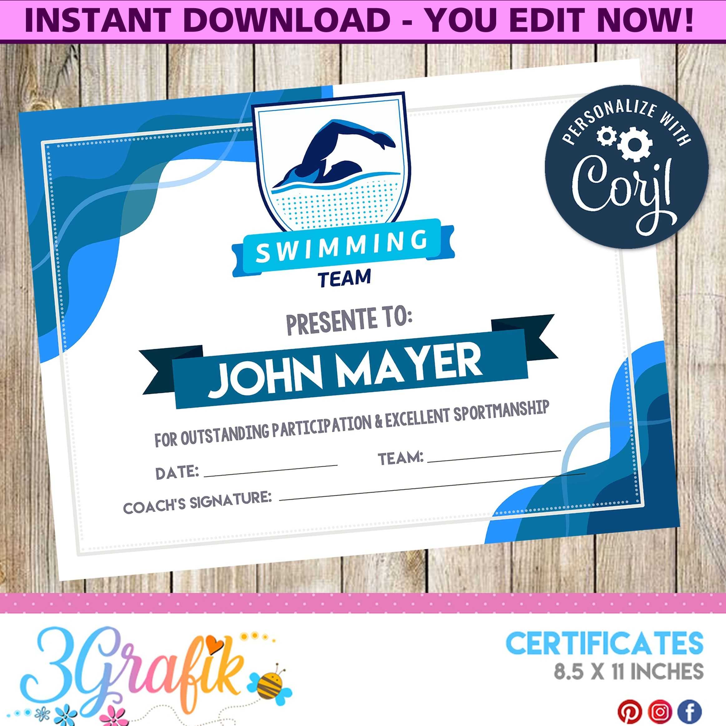 Swimming – Certificate – Printable – 3Grafik | Certificates In Free Swimming Certificate Templates
