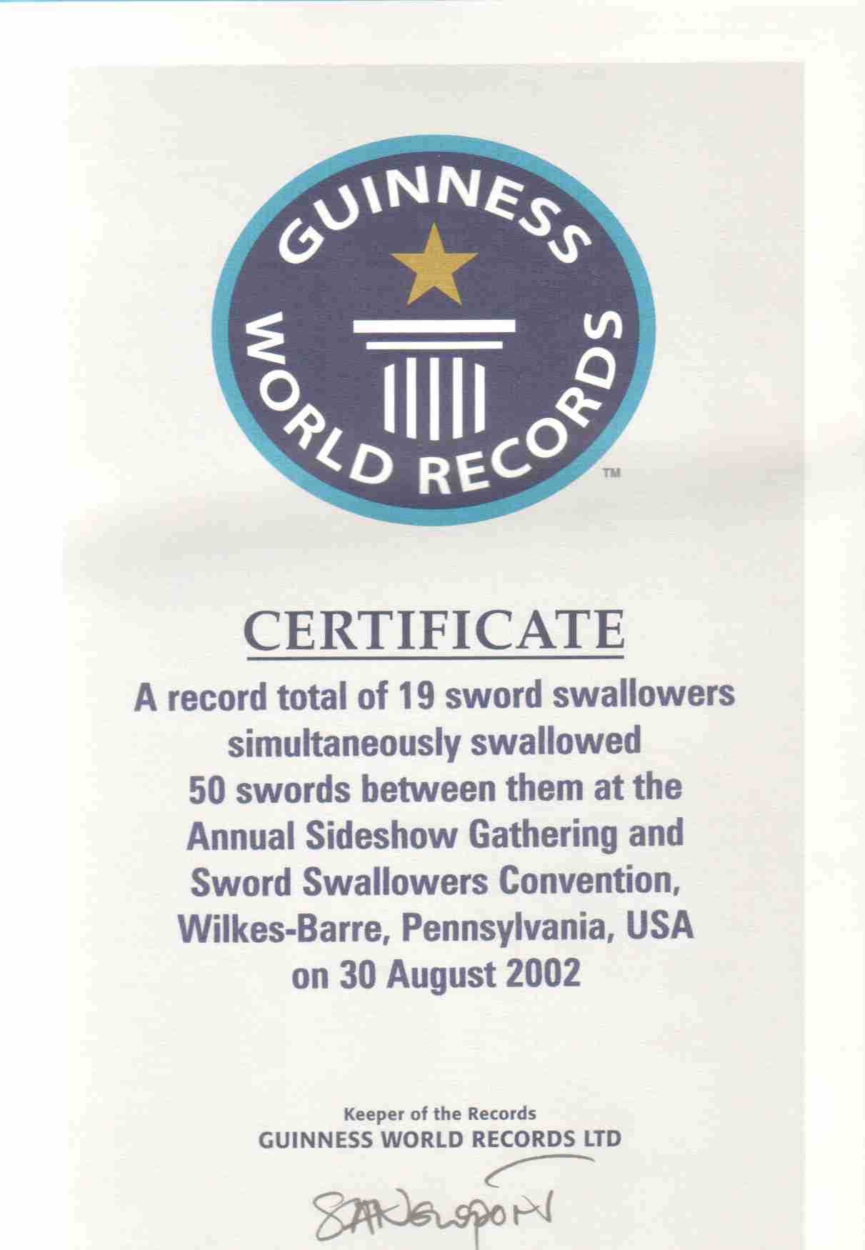 Sword Swallowers Association Intl Ssai Sword Swallowing Within Guinness World Record Certificate Template
