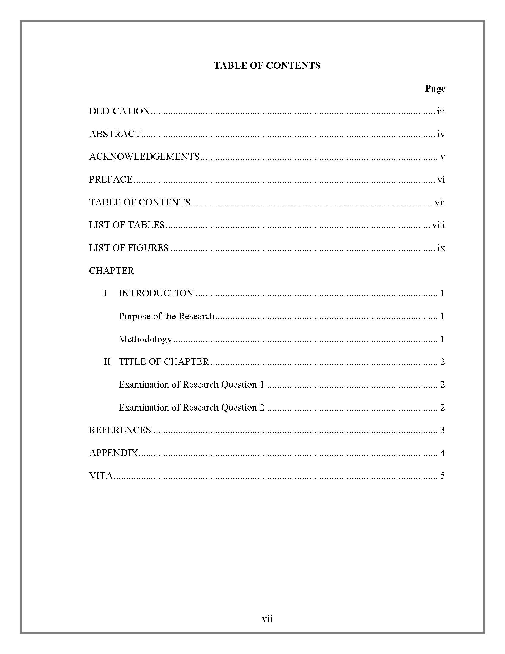 Table Of Contents – Thesis And Dissertation – Research Pertaining To Microsoft Word Table Of Contents Template