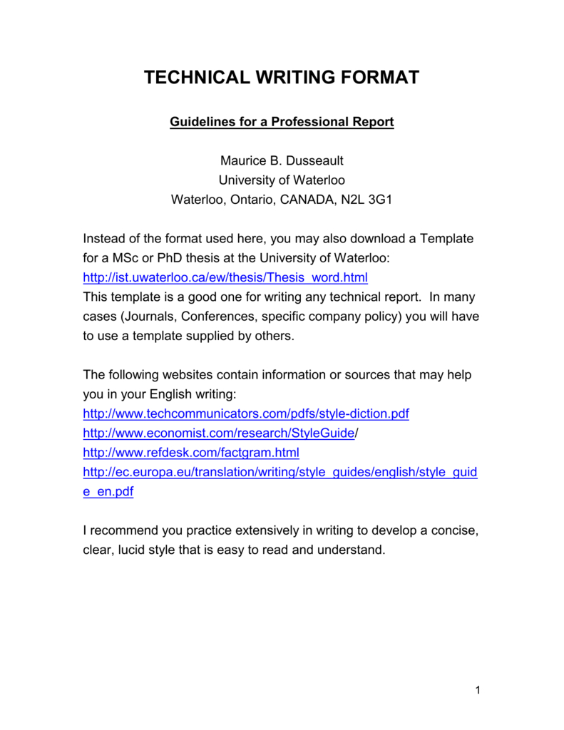 Technical Writing Format In Template For Technical Report