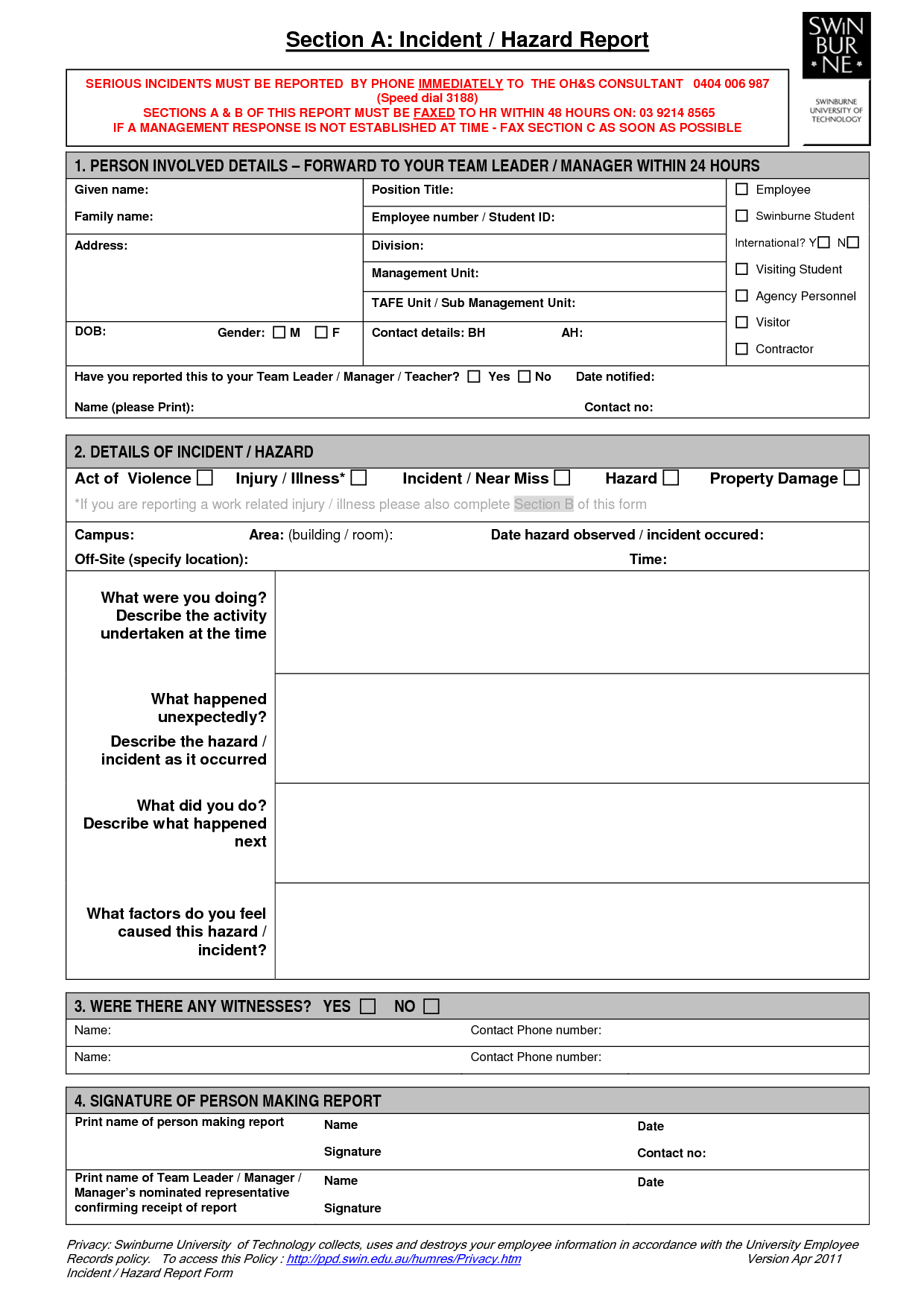 Technology Incident Report Template And Incident Report In Hazard Incident Report Form Template