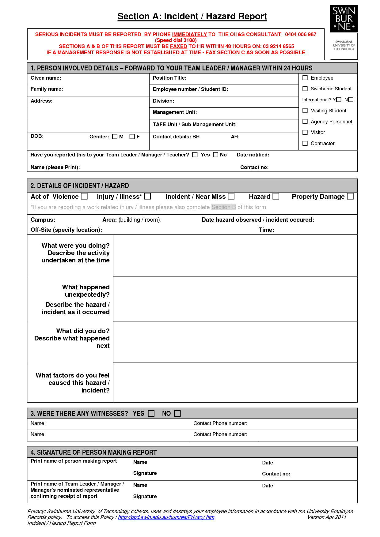 Technology Incident Report Template And Incident Report Pertaining To Incident Hazard Report Form Template