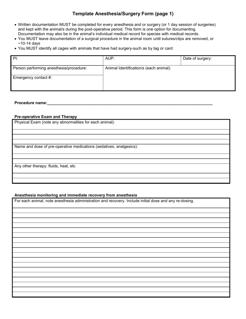 Template: Anesthesia Surgery In Operative Report Template