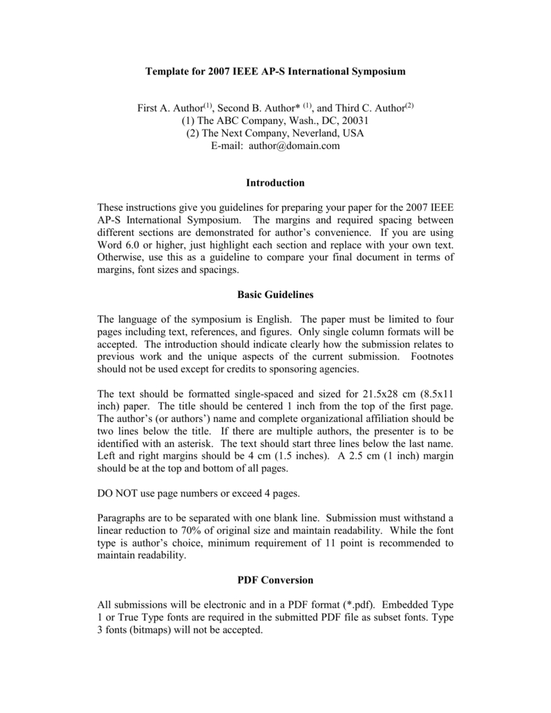 Template For 2005 Ieee Ap S International Symposium With Ieee Template Word 2007