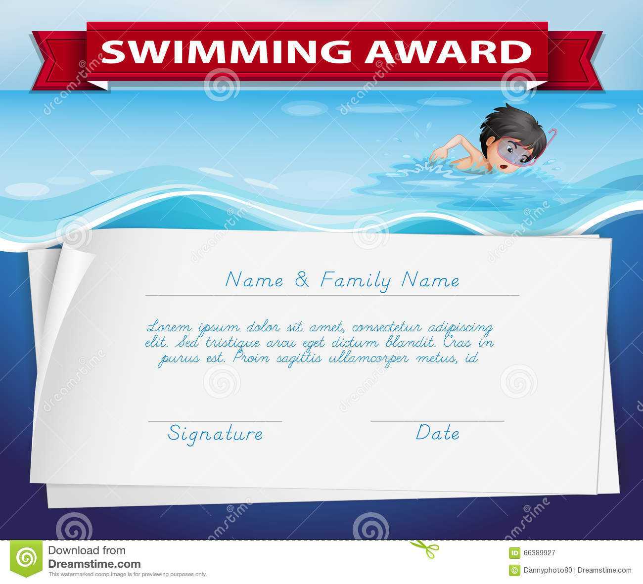 Template Of Certificate For Swimming Award Stock Vector Intended For Swimming Award Certificate Template