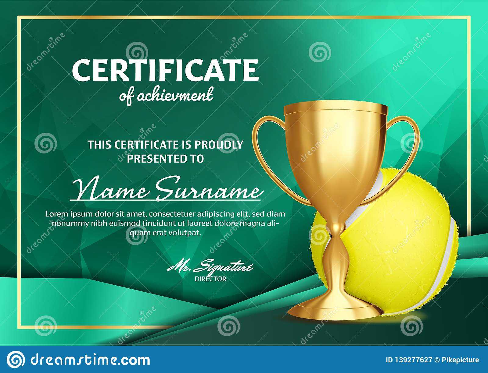 Tennis Certificate Diploma With Golden Cup Vector. Sport Pertaining To Tennis Certificate Template Free