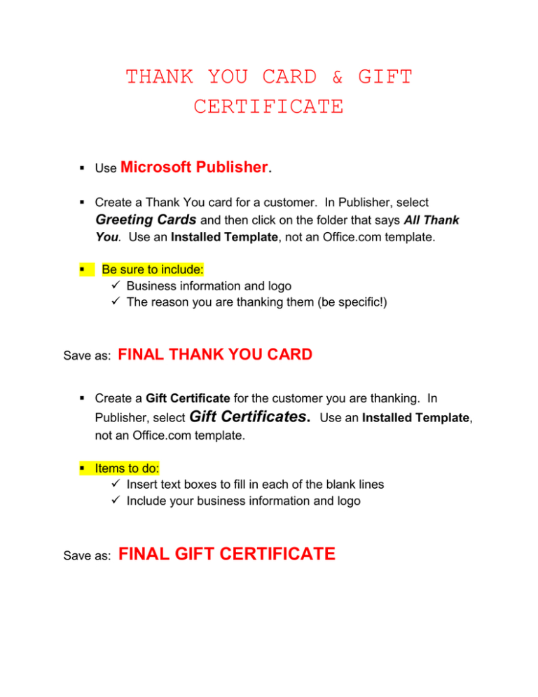 Thank You Card & Gift Certificate Microsoft Publisher . With Gift