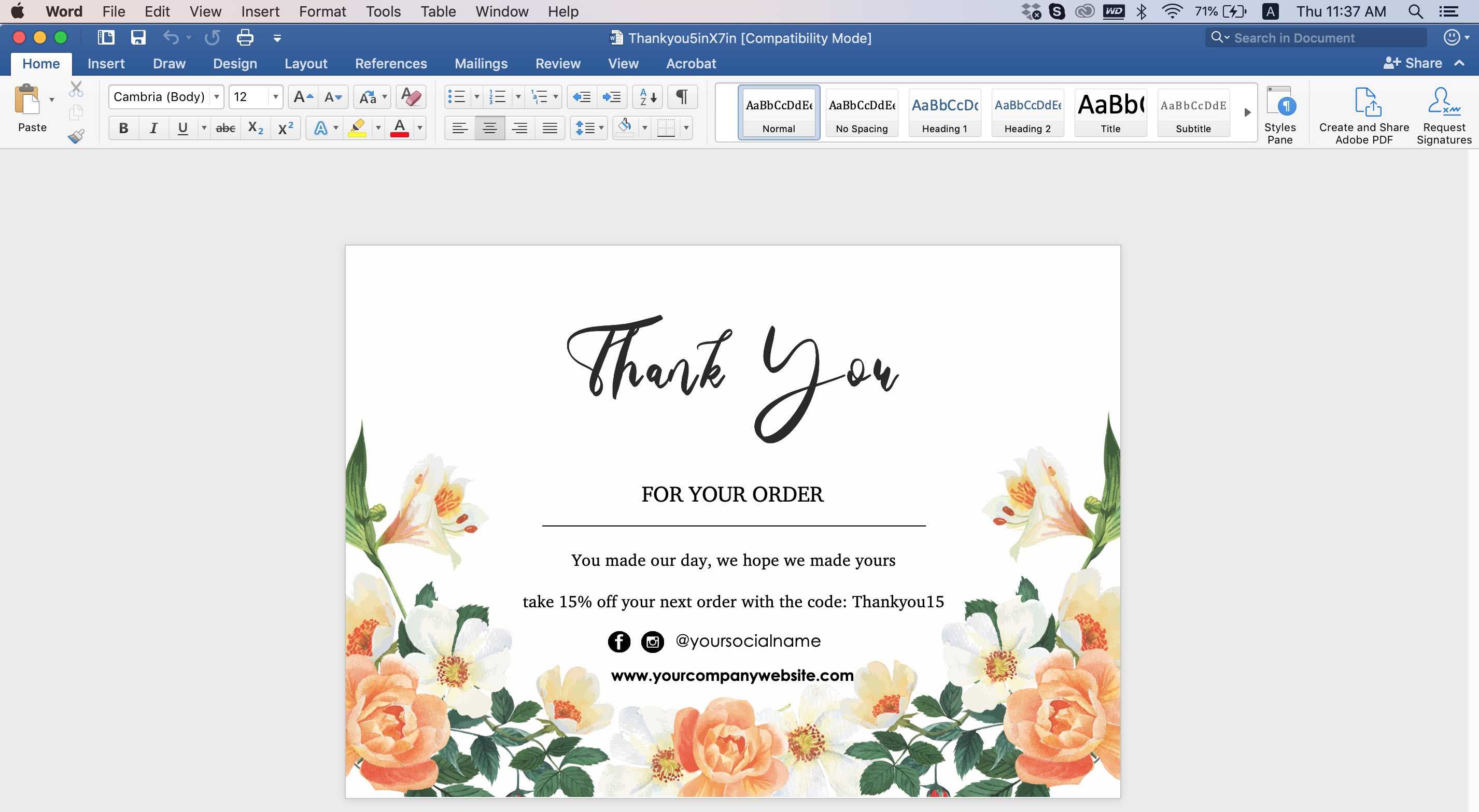 Thank You Card Id08 In Thank You Card Template Word