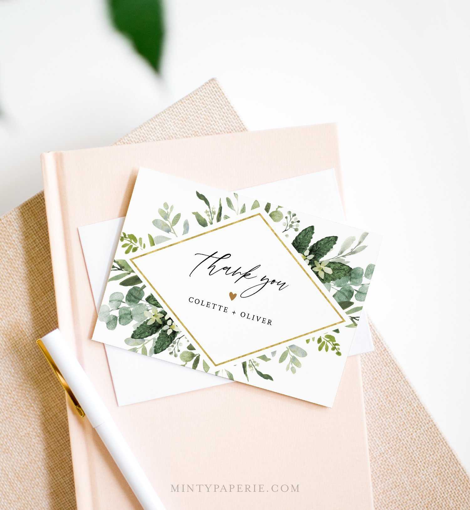 Thank You Note Card Template, Printable Greenery & Gold Wedding / Bridal  Shower Folded Card, Instant Download, Editable Text #082 124Tyc With Thank You Note Card Template