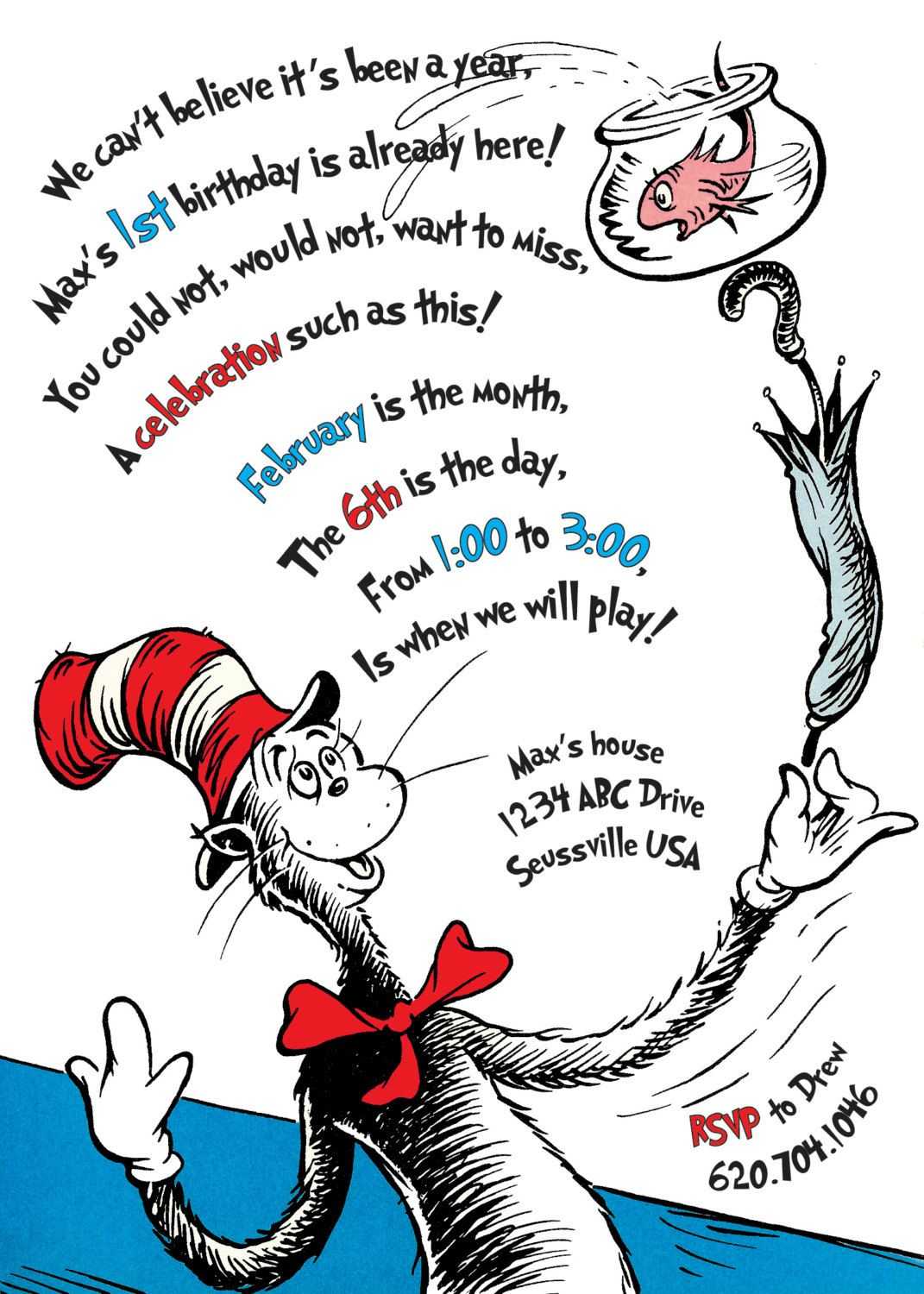 The Cat In The Hat Birthday Invitation. Printable With Regard To Dr Seuss Birthday Card Template