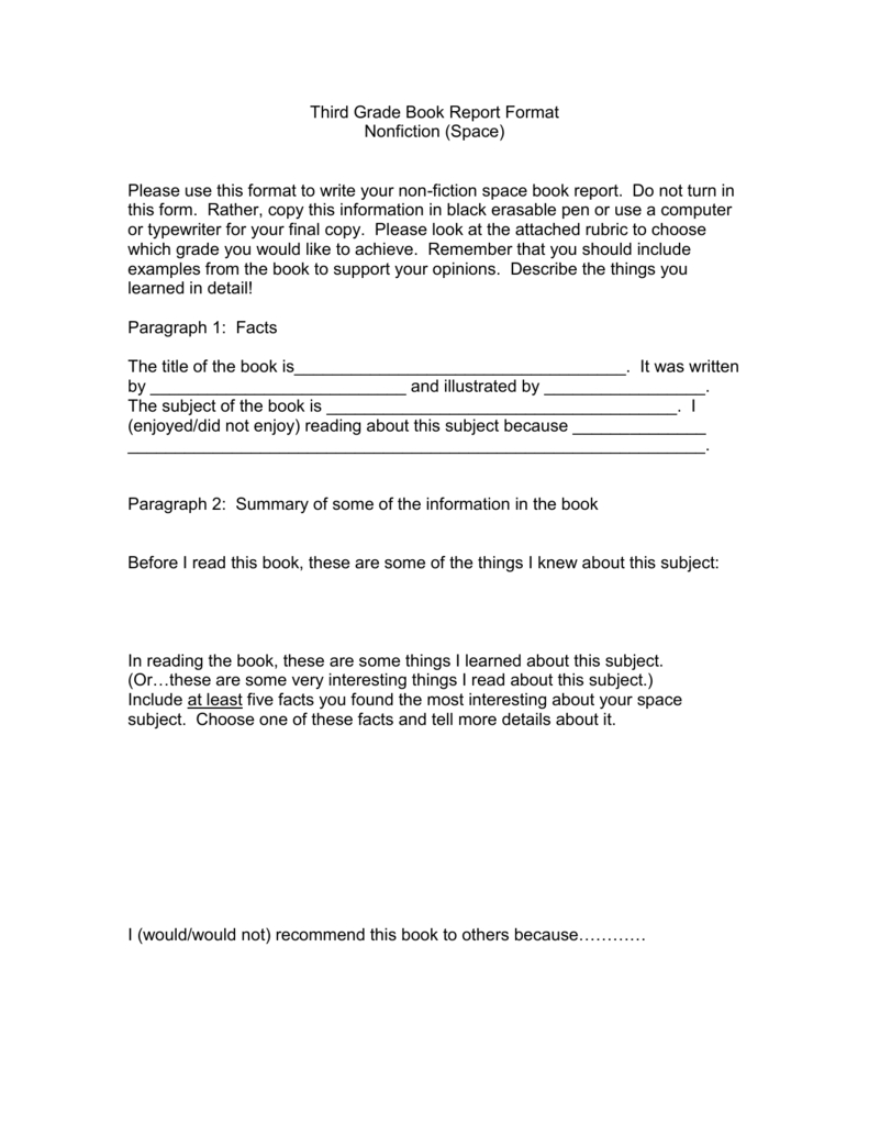 Third Grade Book Report Format Intended For Book Report Template Grade 1