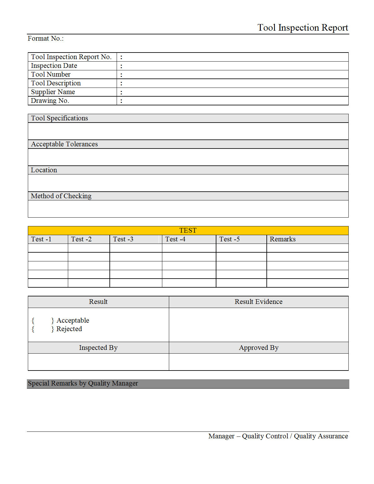 Tool Inspection Report – Throughout Part Inspection Report Template