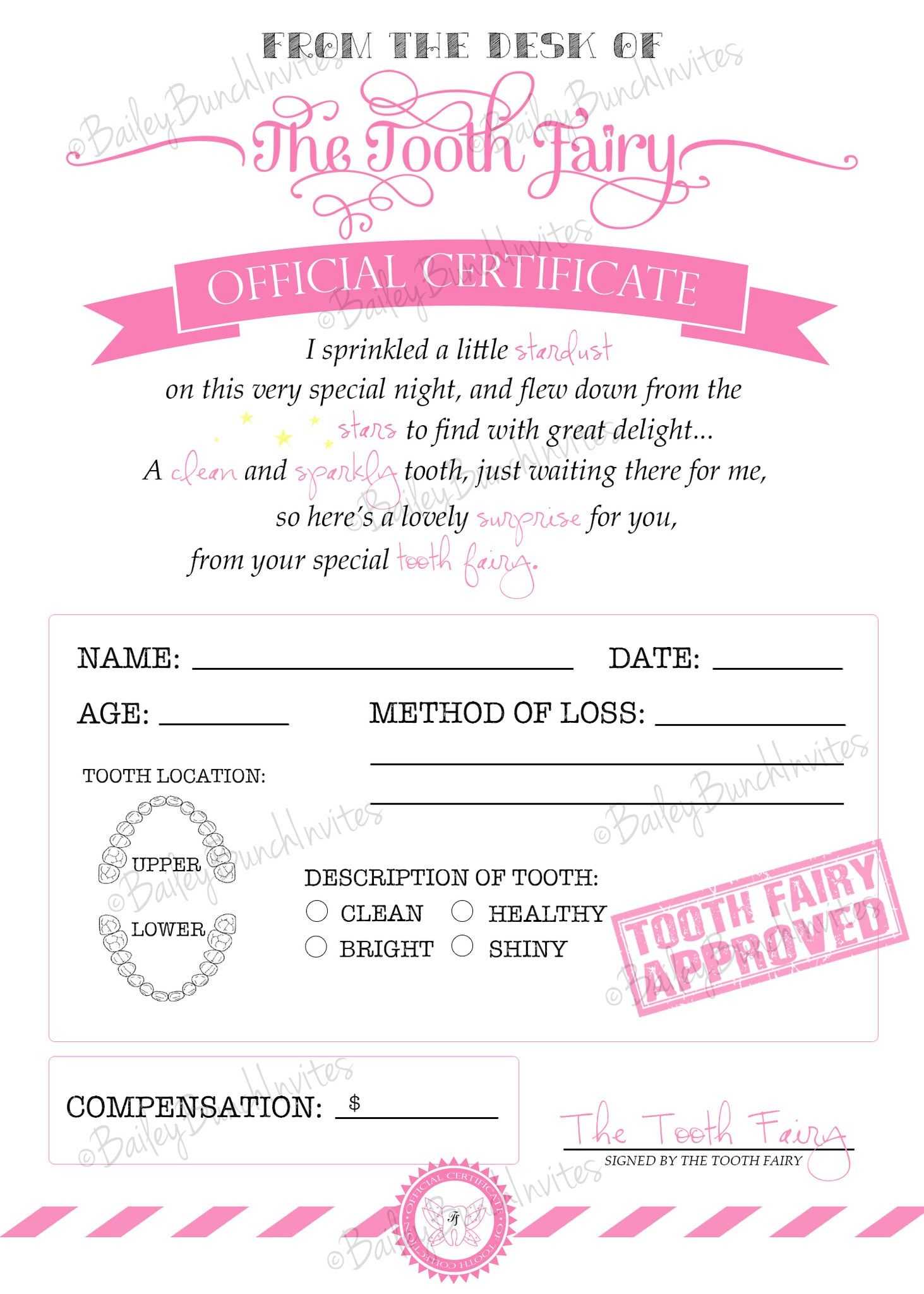 Tooth Fairy Certificate - Pink - Instant Download Intended For Tooth Fairy Certificate Template Free