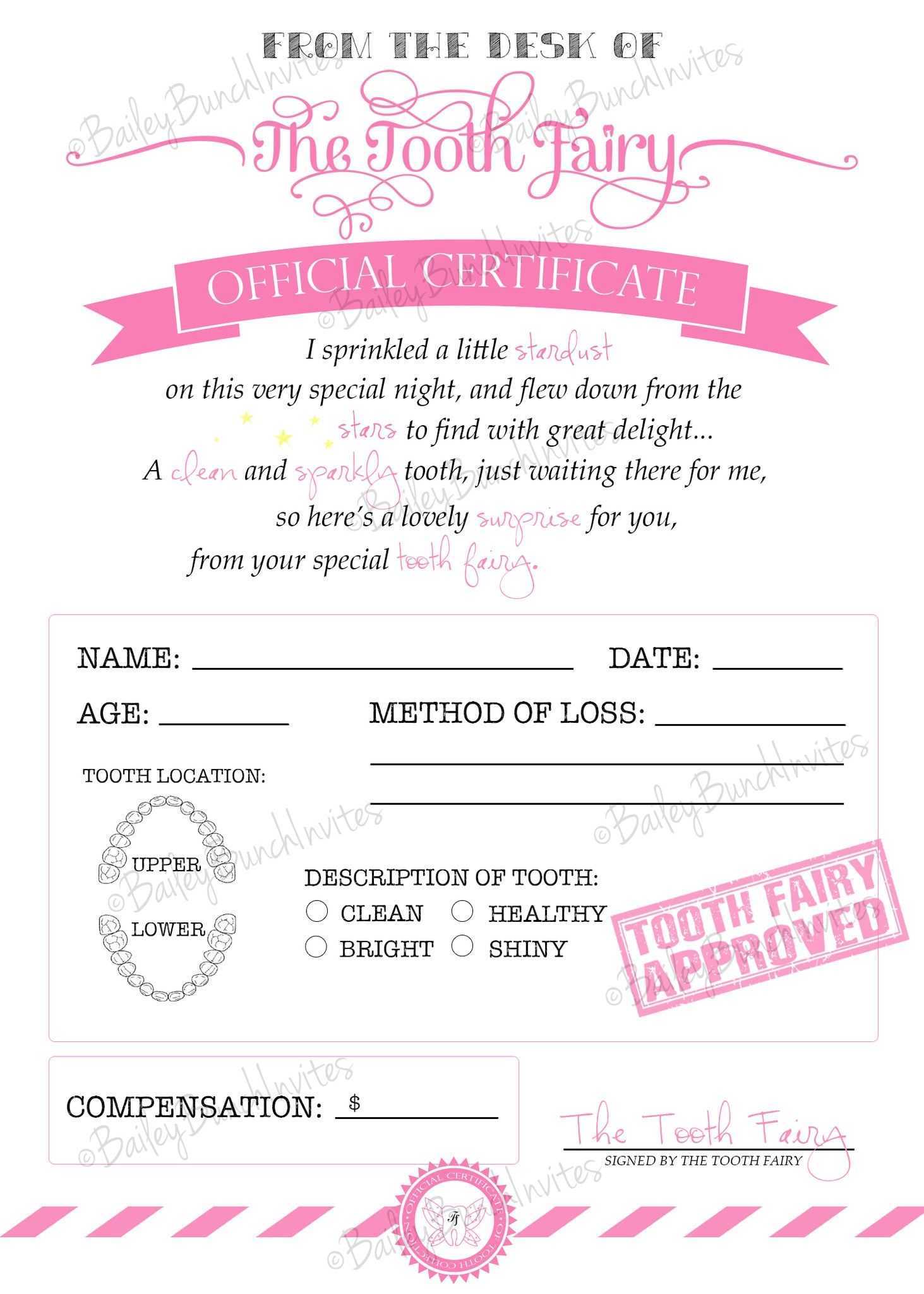 Tooth Fairy Certificate – Pink – Instant Download Intended For Tooth Fairy Certificate Template Free