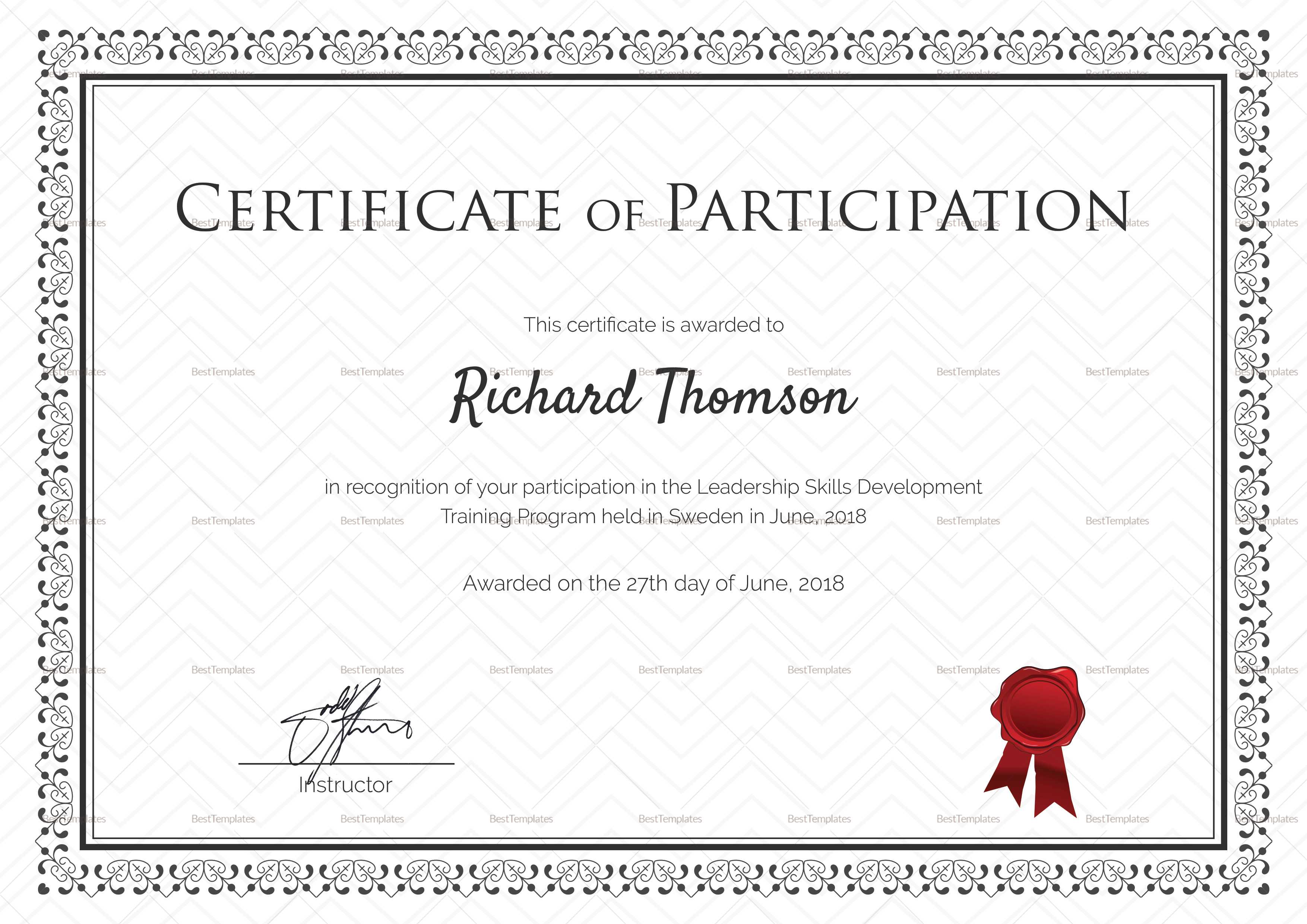 Training Participation Certificate Template Regarding Free Templates For Certificates Of Participation