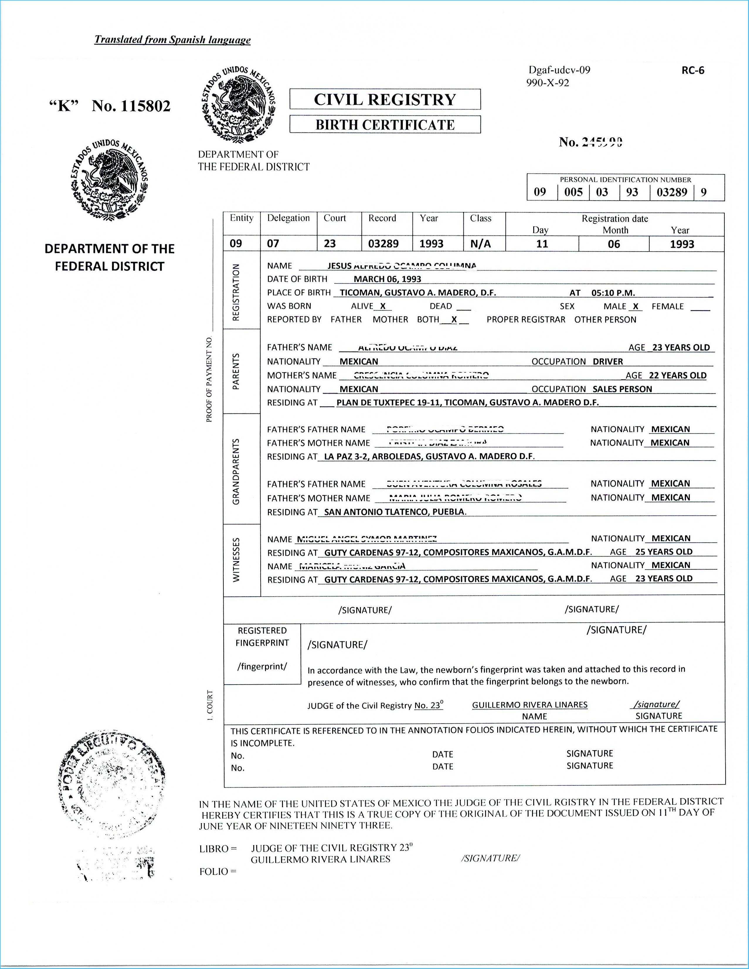 Translate Mexican Birth Certificate Free Template Translated In Birth Certificate Translation Template Uscis