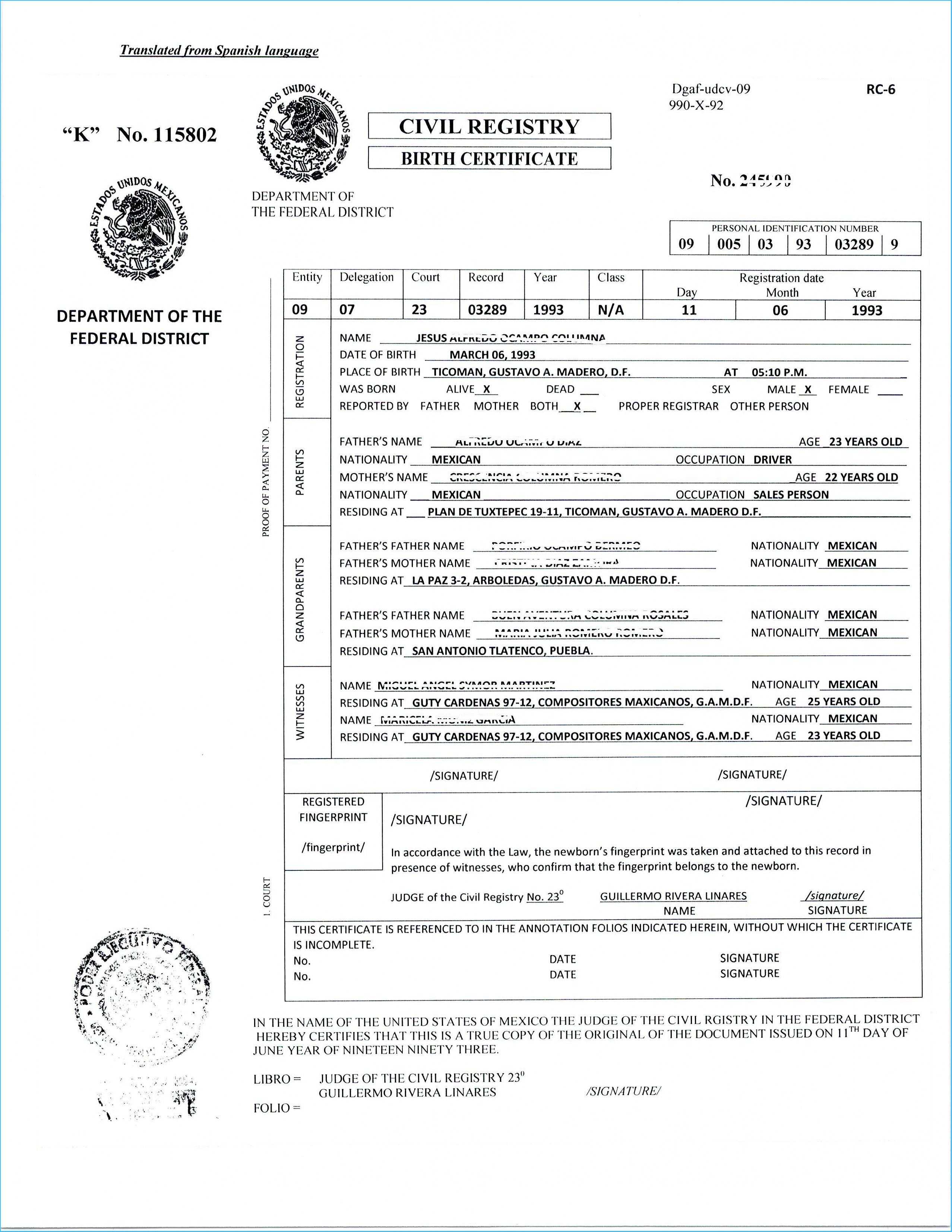 Translate Mexican Birth Certificate Free Template Translated Intended For Mexican Marriage Certificate Translation Template