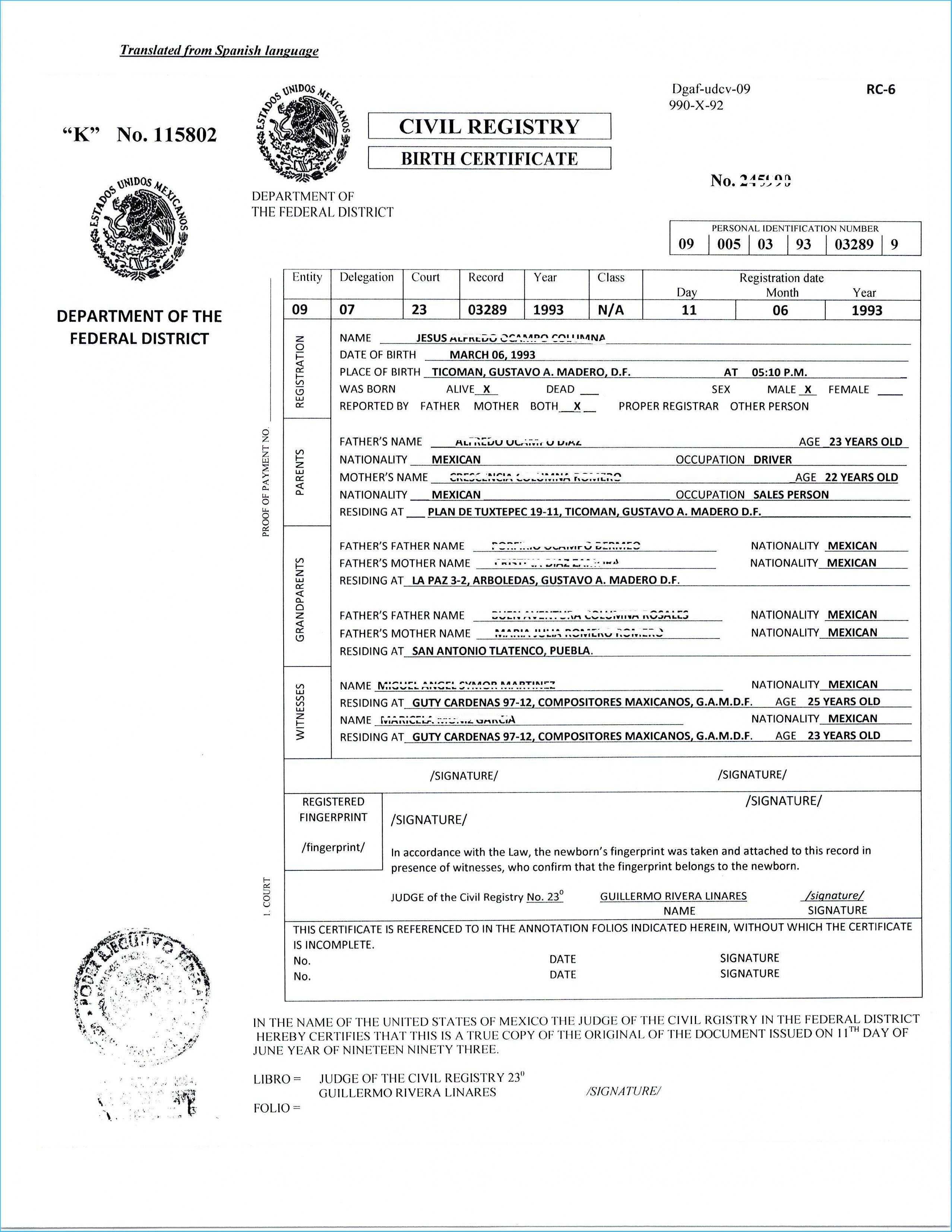 Translate Mexican Birth Certificate Free Template Translated Intended For Uscis Birth Certificate Translation Template