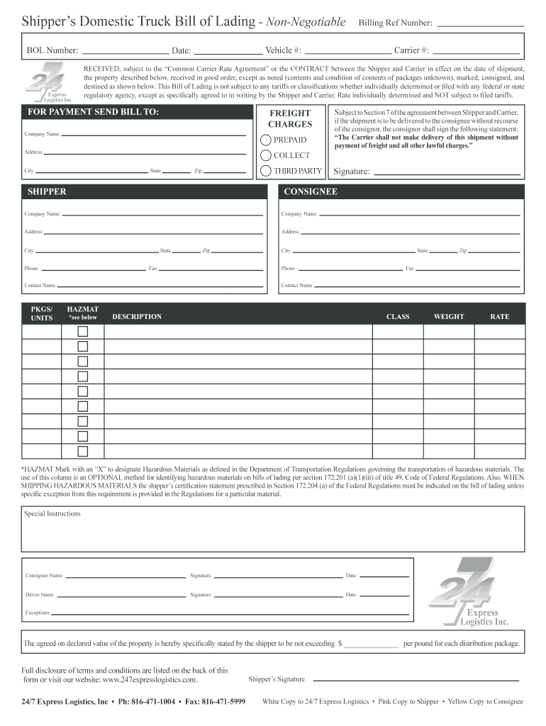 Truck Bill Of Lading – Fill Online, Printable, Fillable With Regard To Blank Bol Template