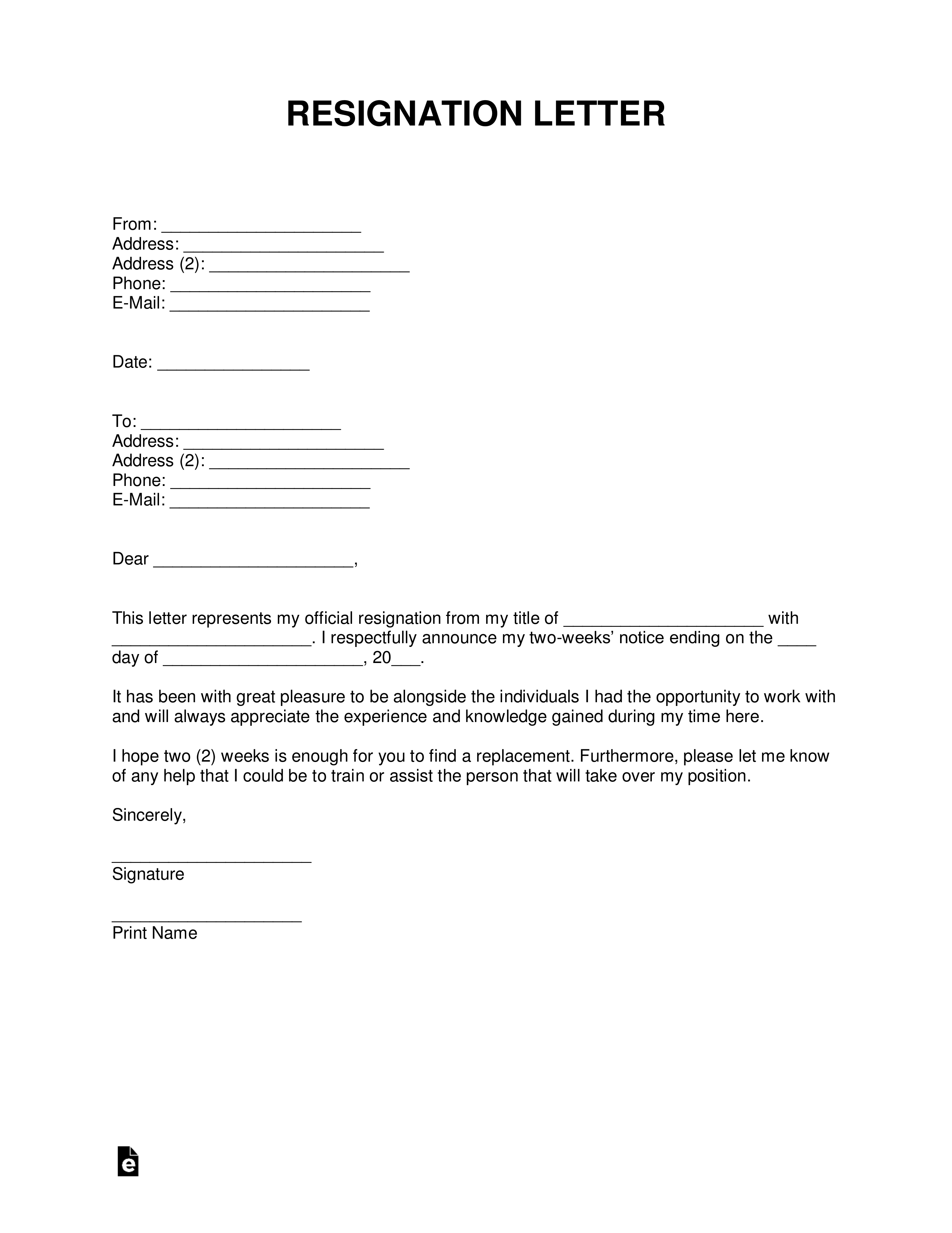 Two (2) Weeks' Notice Resignation Letter Template – With Within Two Week Notice Template Word