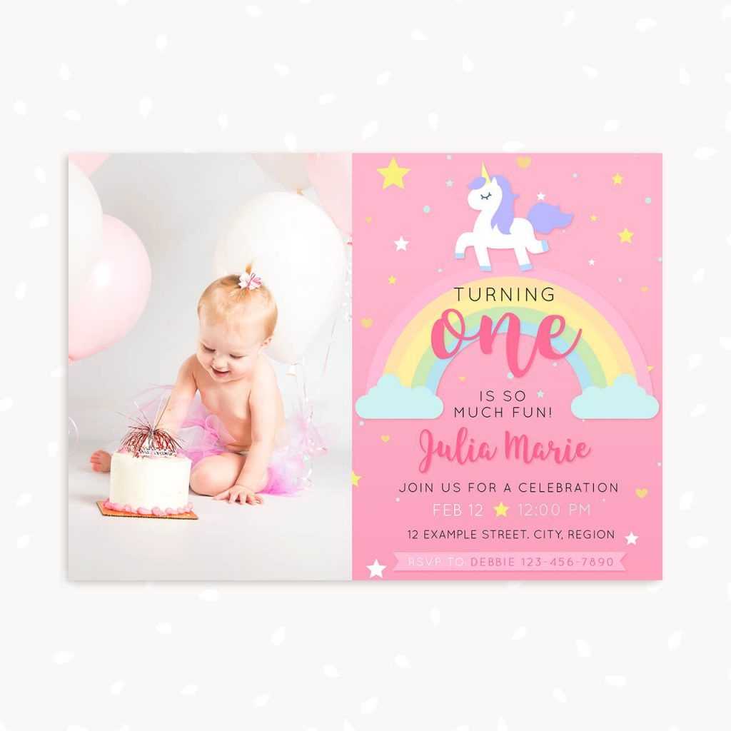 Unicorn First Birthday Invitation Template With Photo With Regard To First Birthday Invitation Card Template