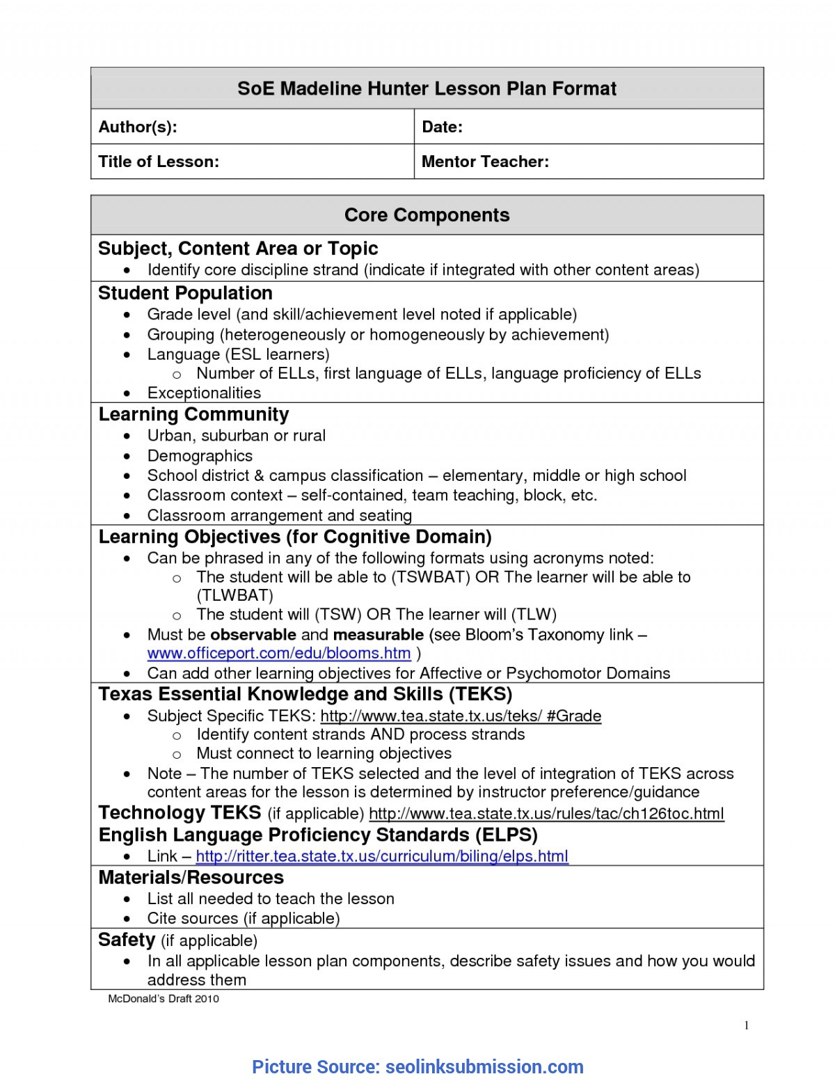 Unusual A Modern Version Of Madeline Hunter Lesson Plan Within Madeline Hunter Lesson Plan Blank Template