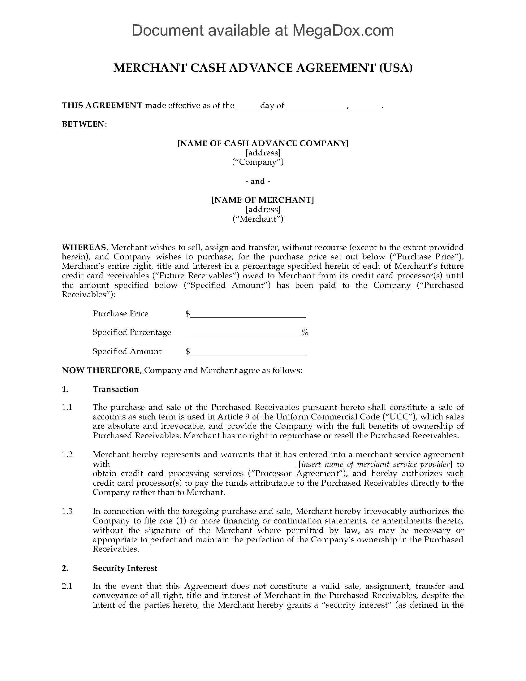 Usa Merchant Cash Advance Agreement Regarding Corporate Credit Card Agreement Template