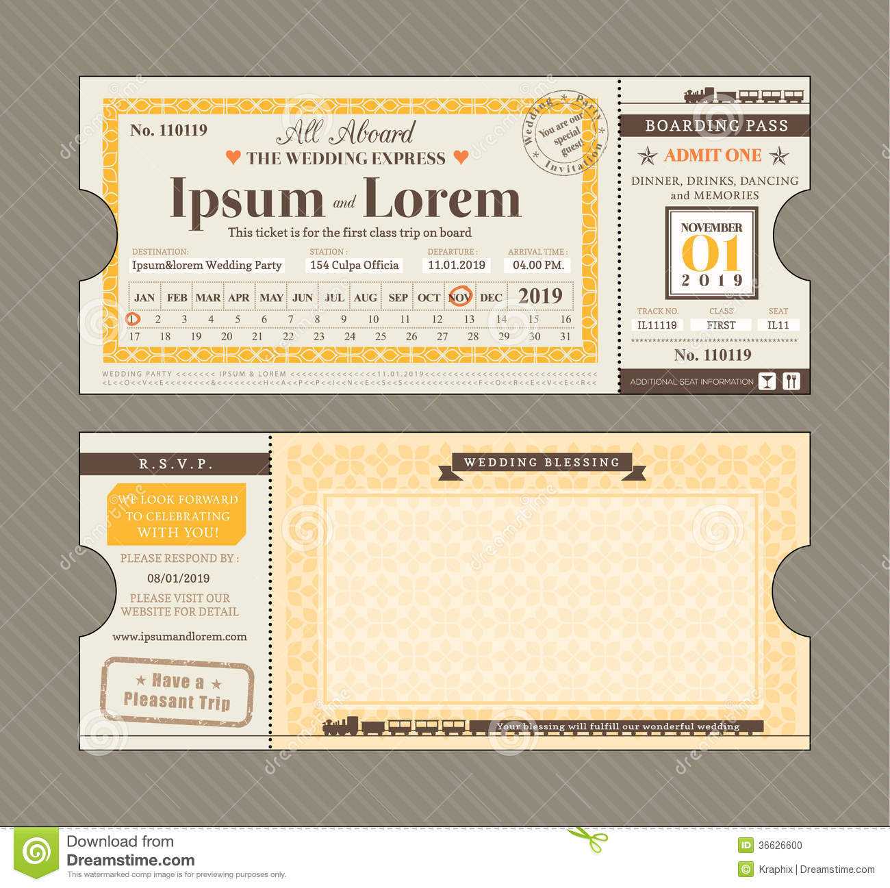 Vector Train Ticket Wedding Invitation Design Template Stock With