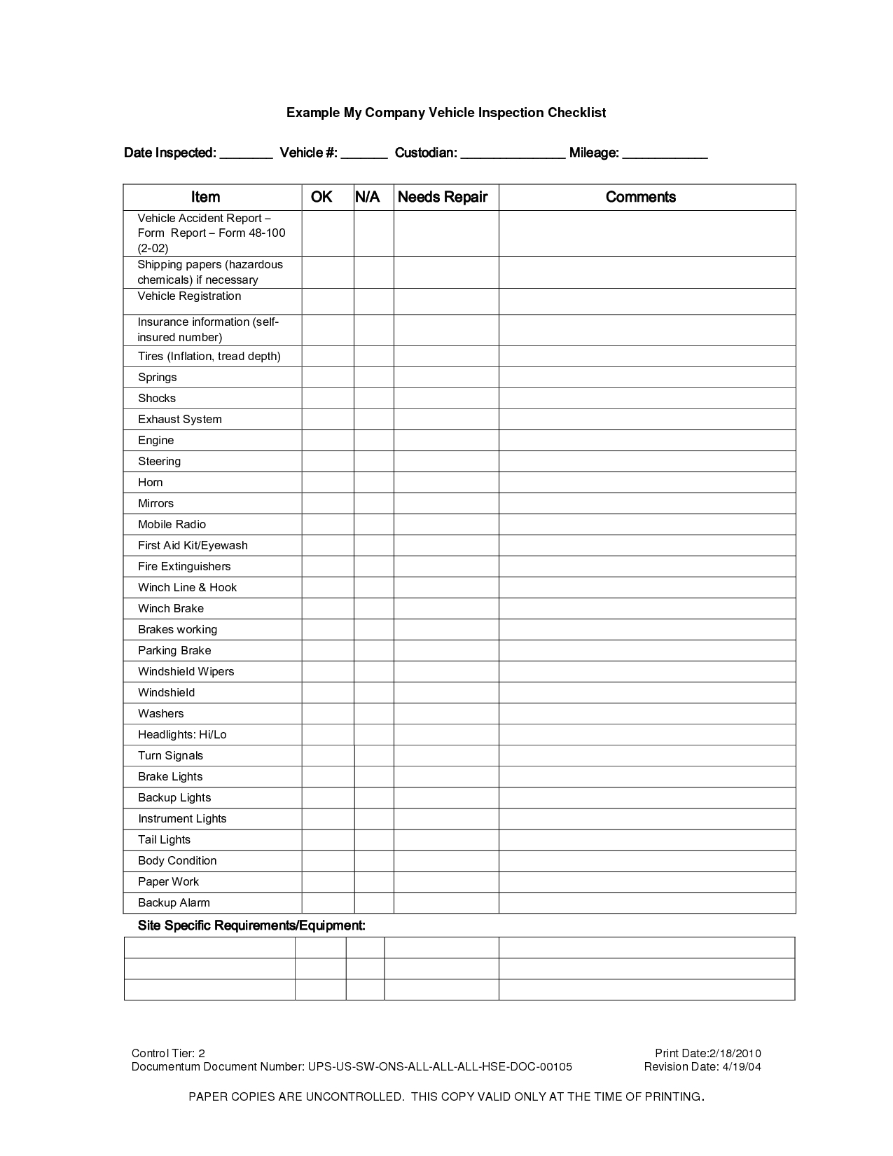 Vehicle Inspection Checklist Template | Vehicle Inspection Pertaining To Vehicle Checklist Template Word