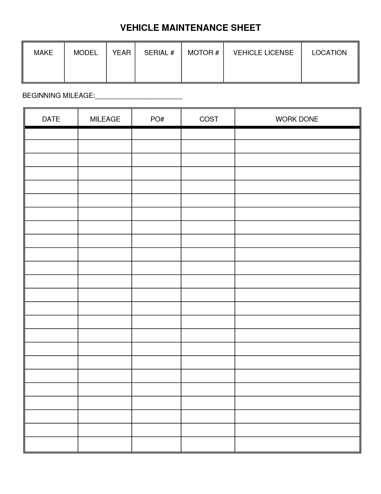 Vehicle Maintenance Log Sheet Template | Vehicle Maintenance Inside Maintenance Job Card Template