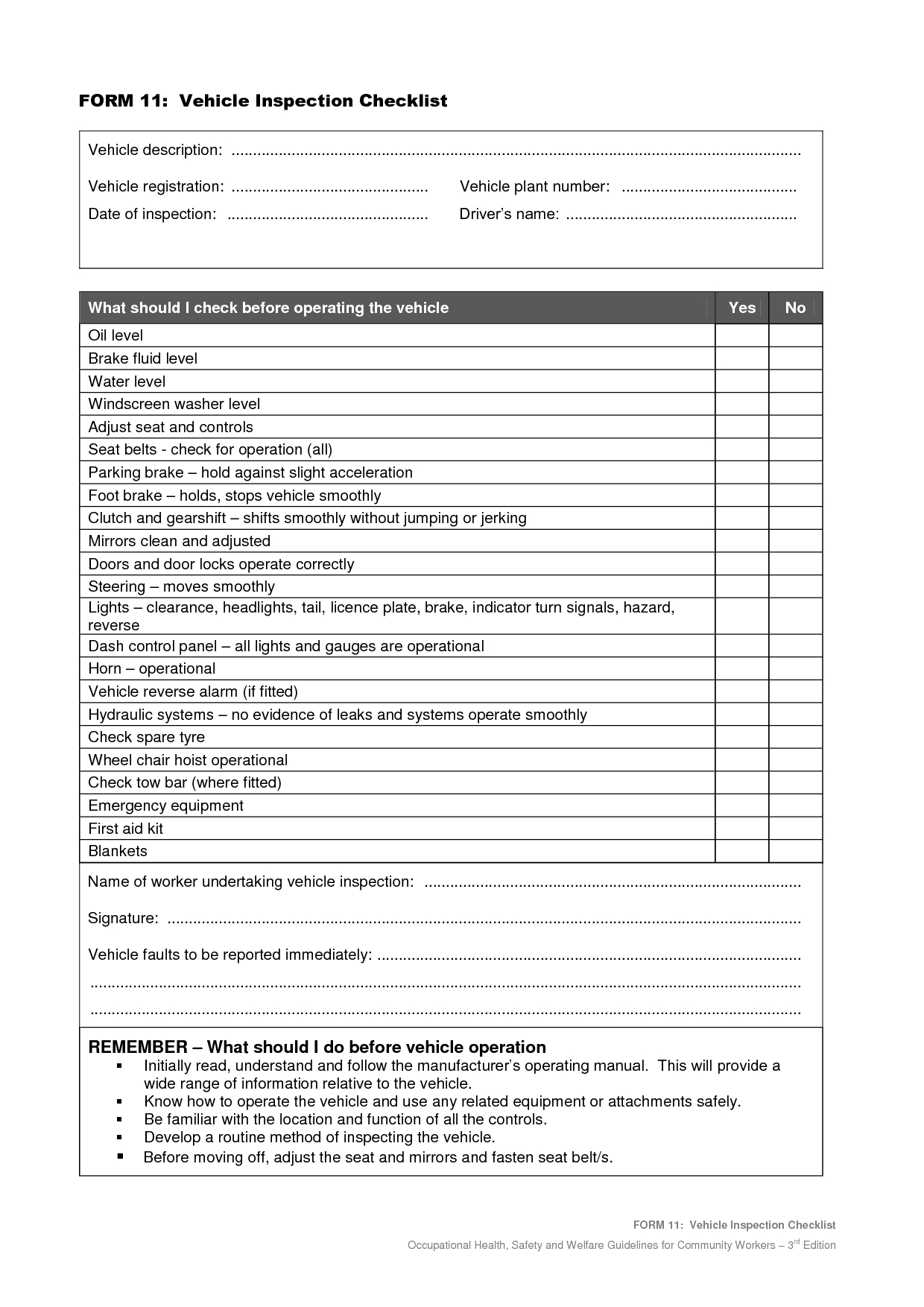 Vehicle Safety Inspection Checklist Form | Car Maintenance In Annual Health And Safety Report Template